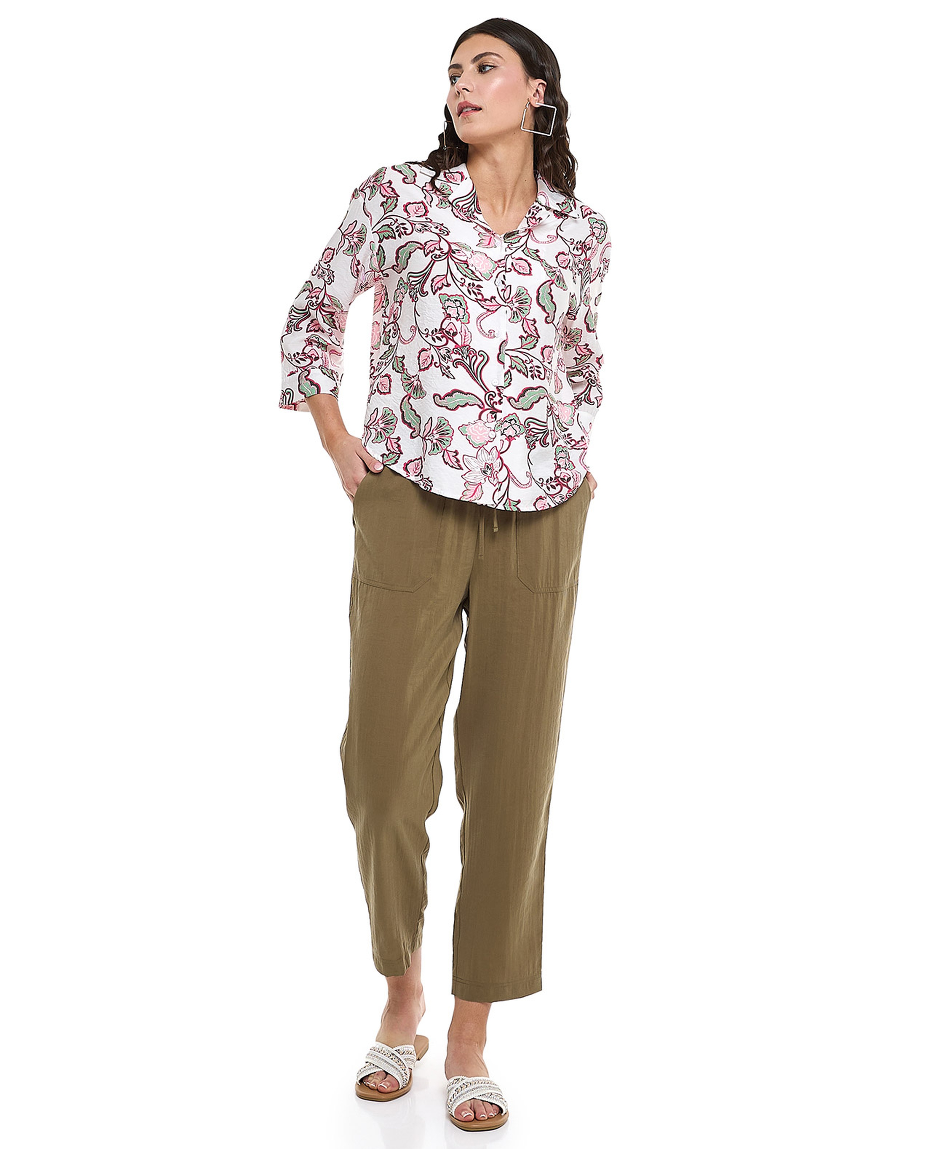 Floral Printed Shirt with Revere Collar and 3/4 Sleeves