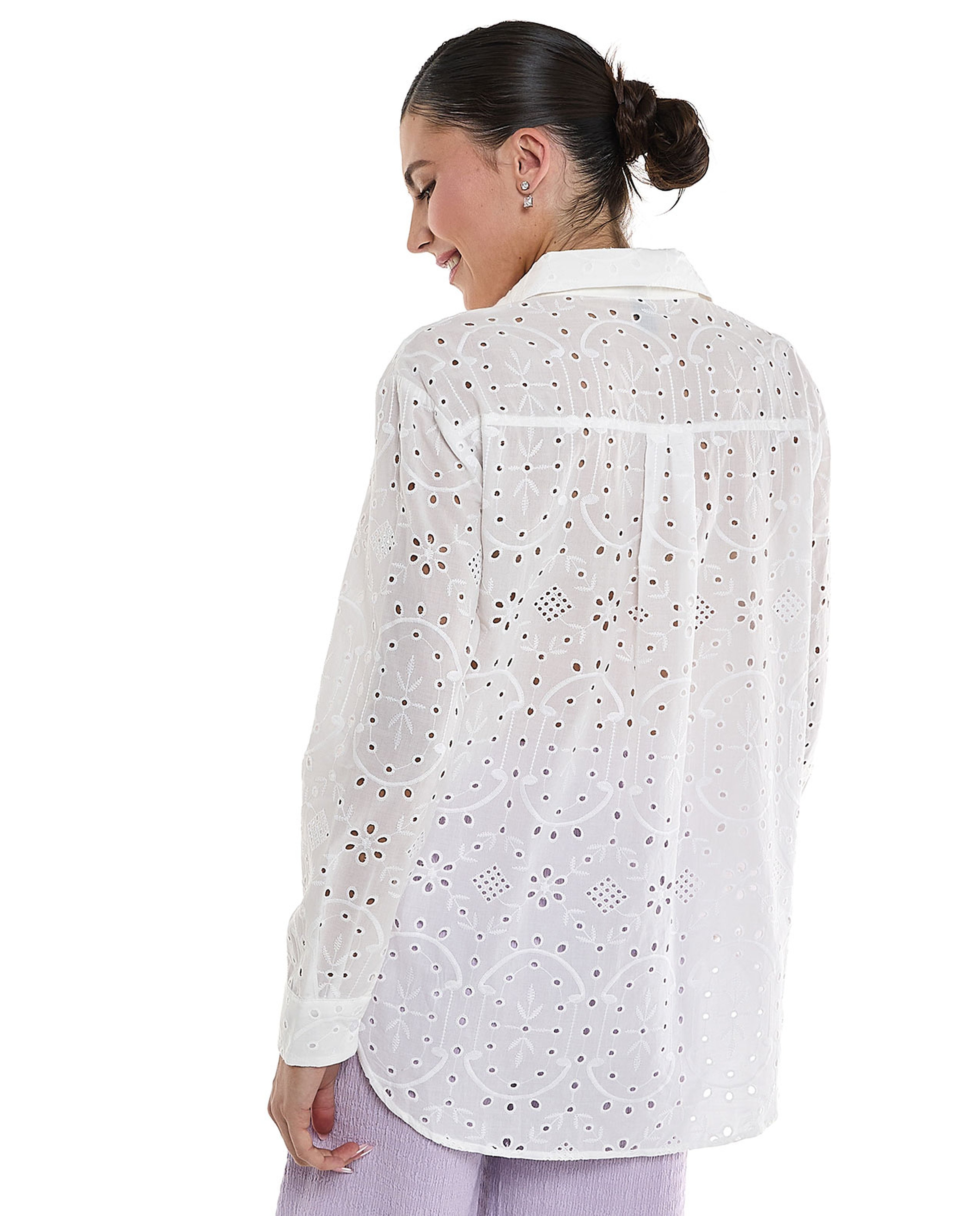 Schiffli Shirt with Classic Collar and Long Sleeves