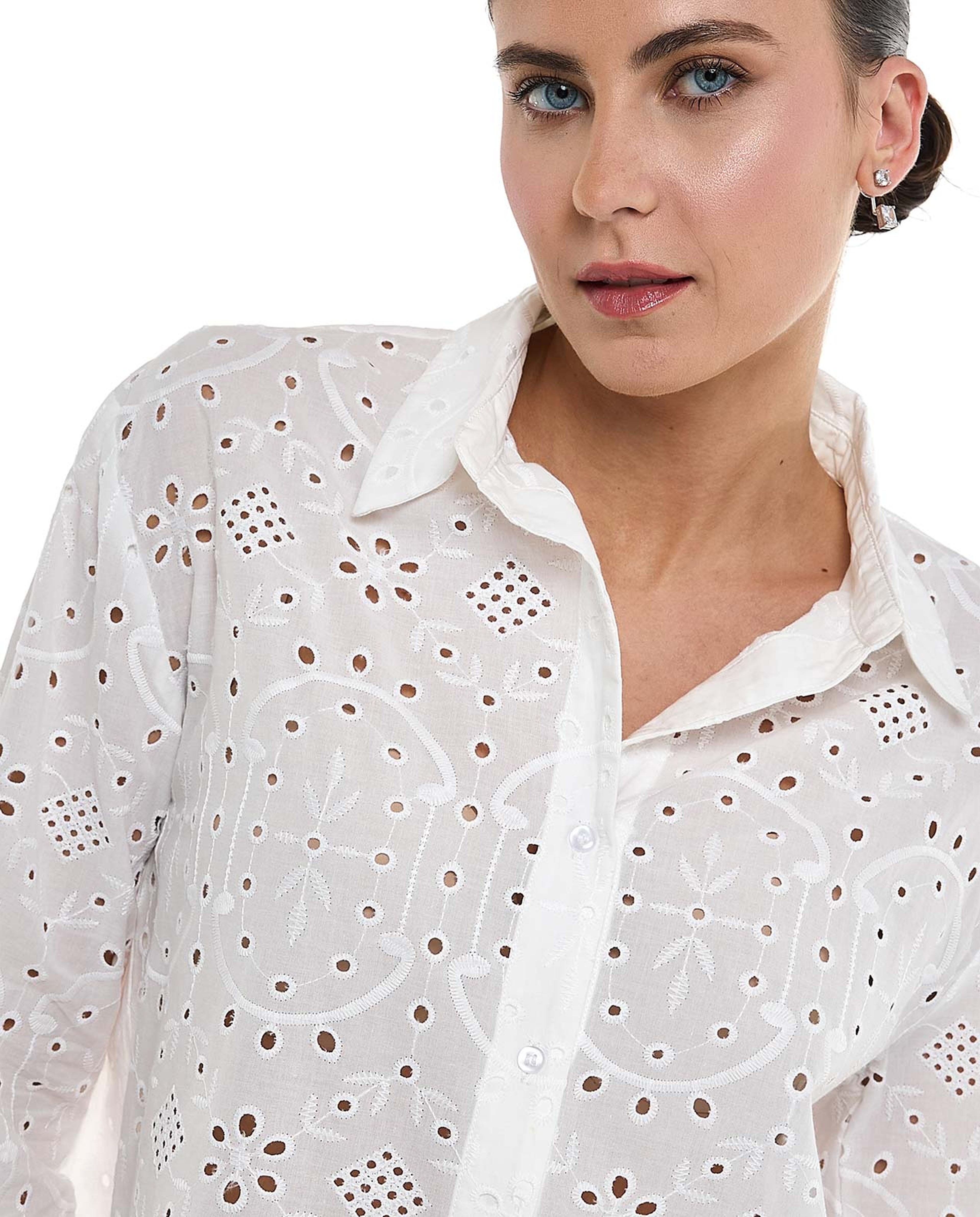 Schiffli Shirt with Classic Collar and Long Sleeves