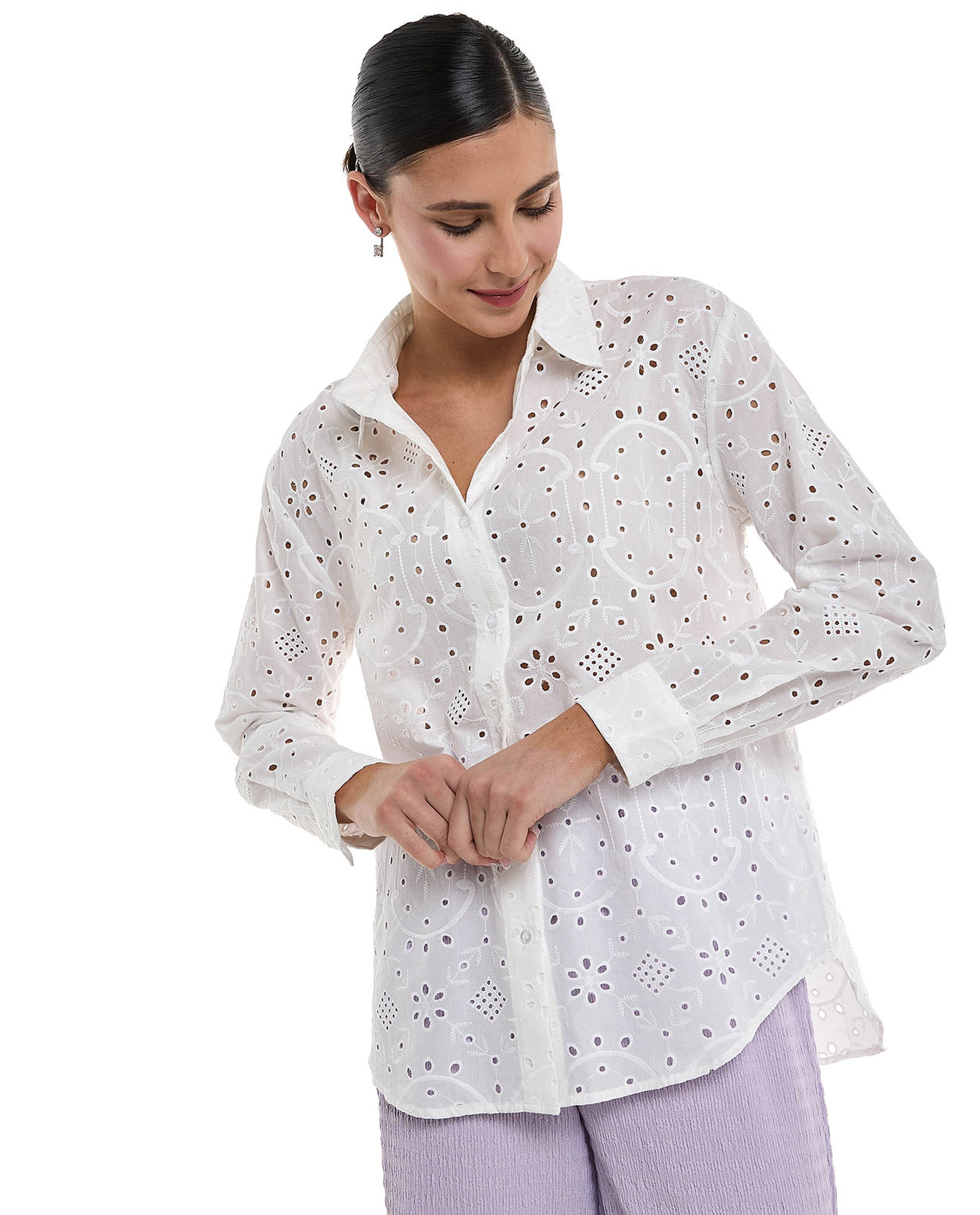 Schiffli Shirt with Classic Collar and Long Sleeves