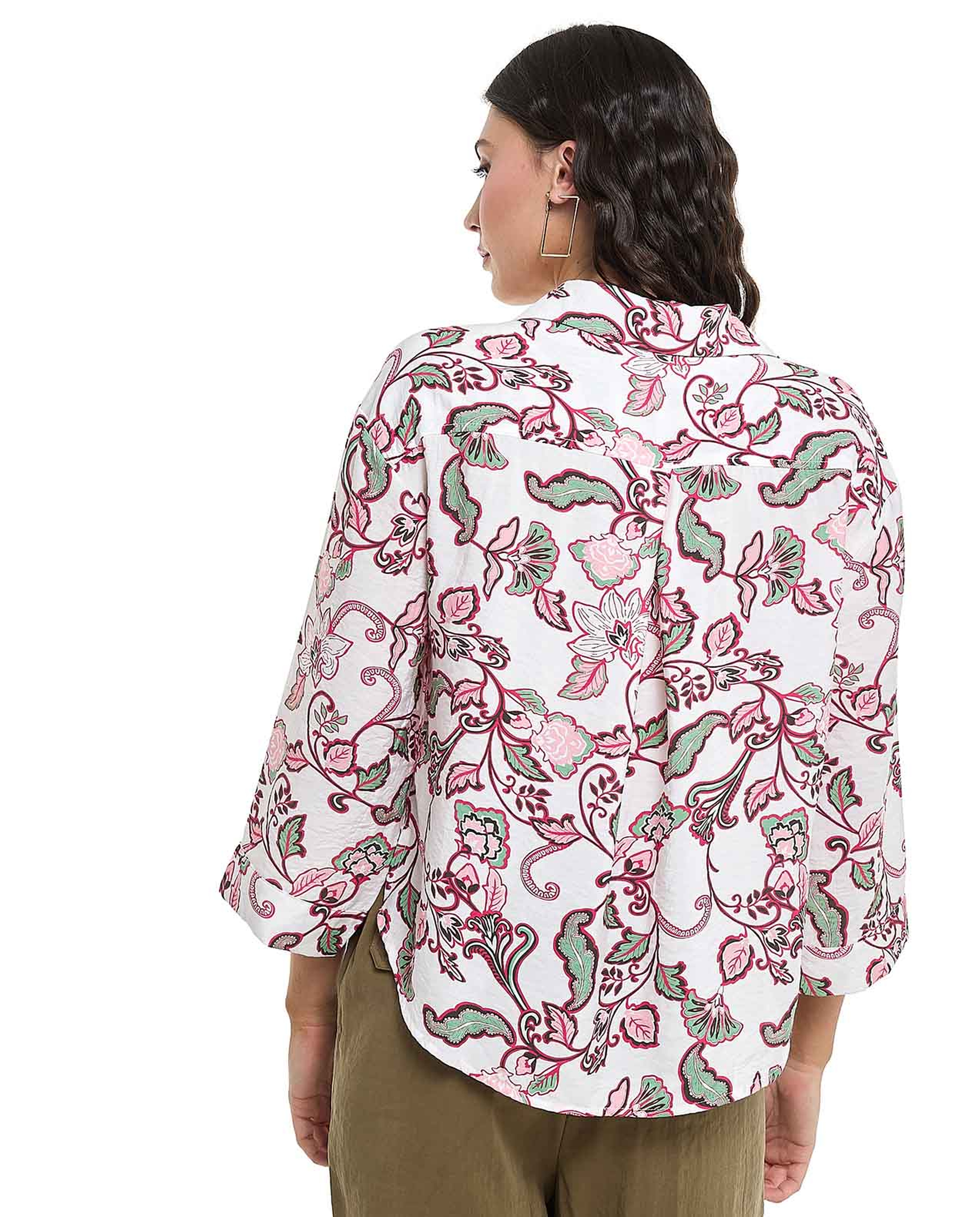Floral Printed Shirt with Revere Collar and 3/4 Sleeves