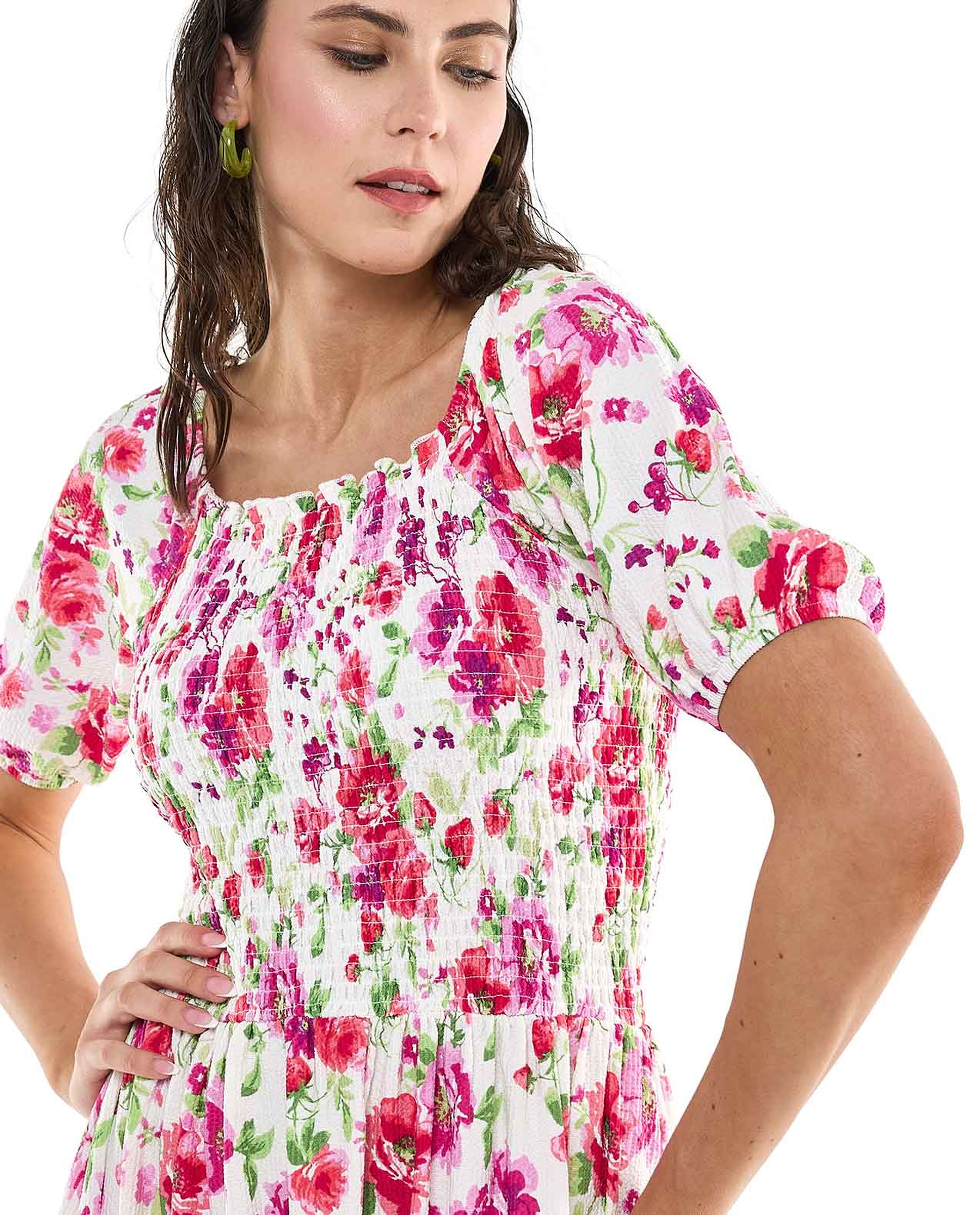 Floral Printed Midi Dress with Square Neck and Puff Sleeves