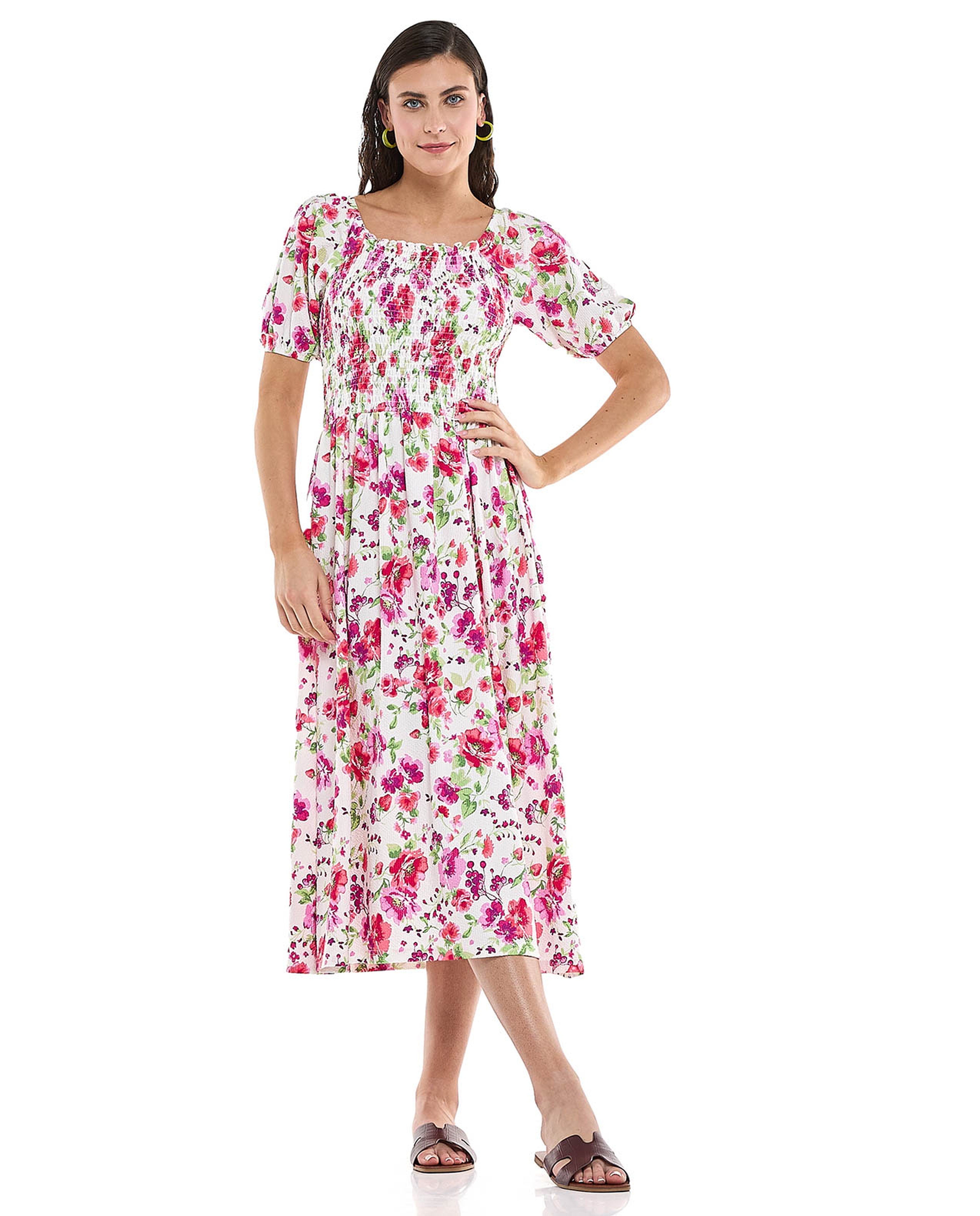 Floral Printed Midi Dress with Square Neck and Puff Sleeves