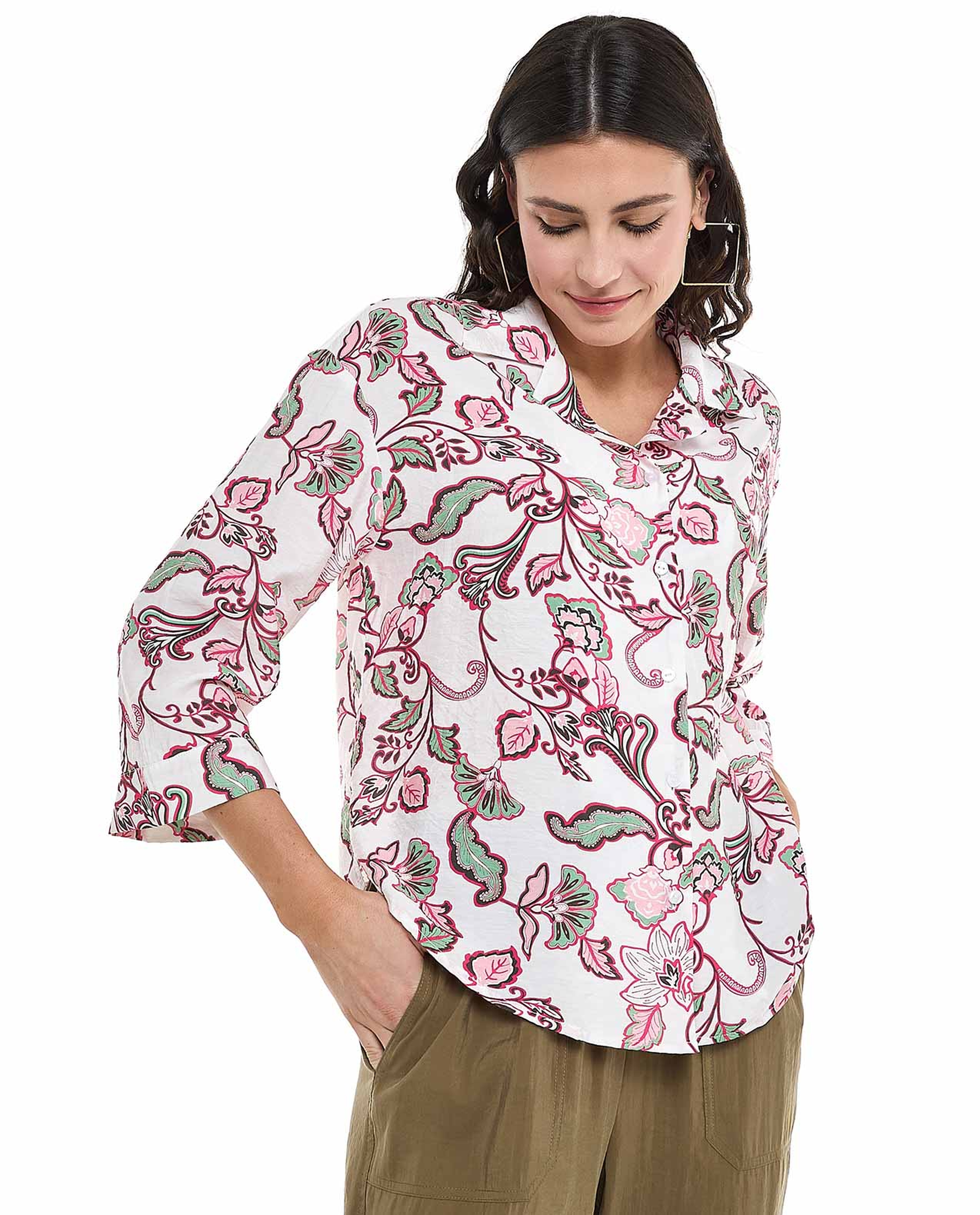 Floral Printed Shirt with Revere Collar and 3/4 Sleeves