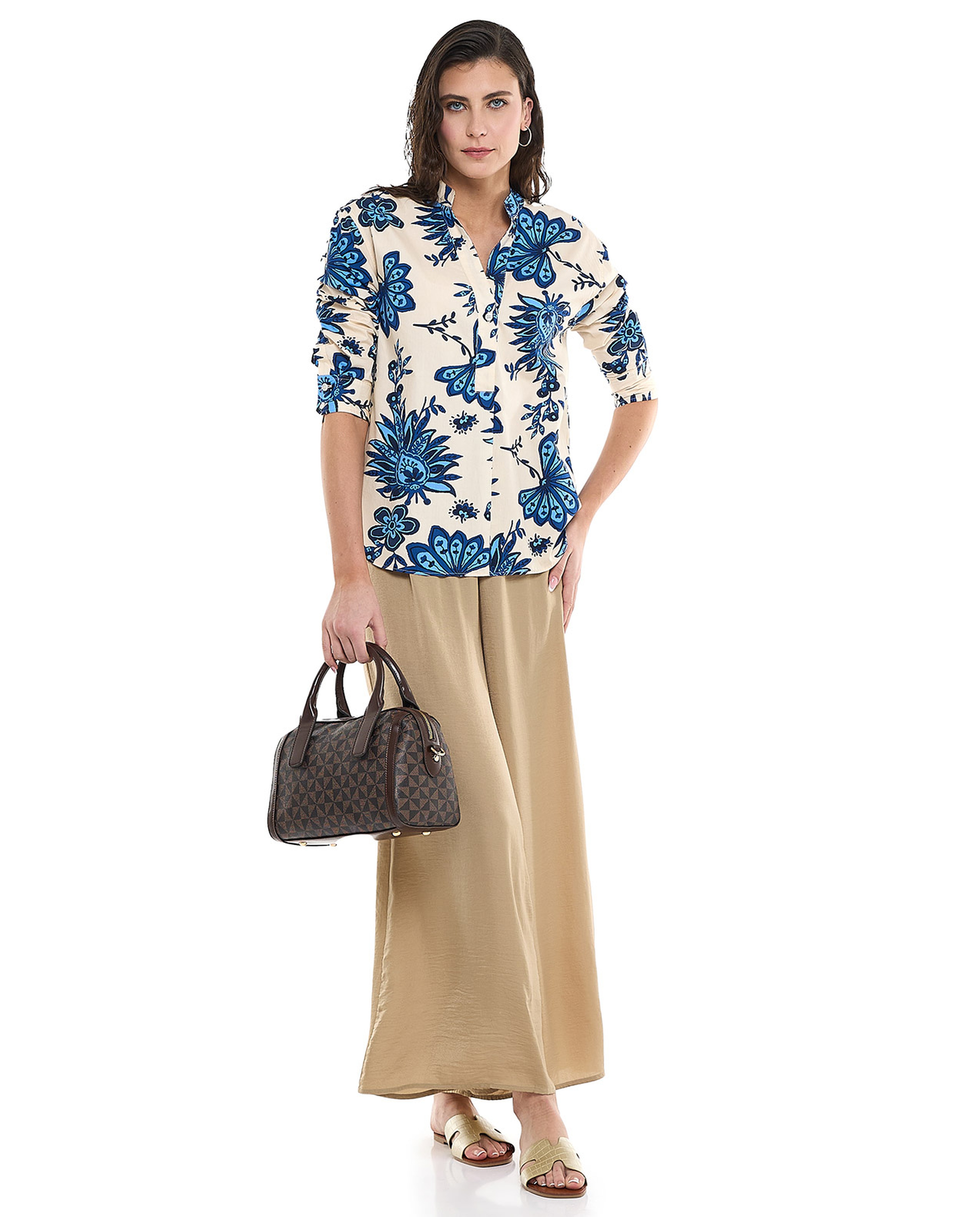 Printed Top with Stand Collar and 3/4 Sleeves