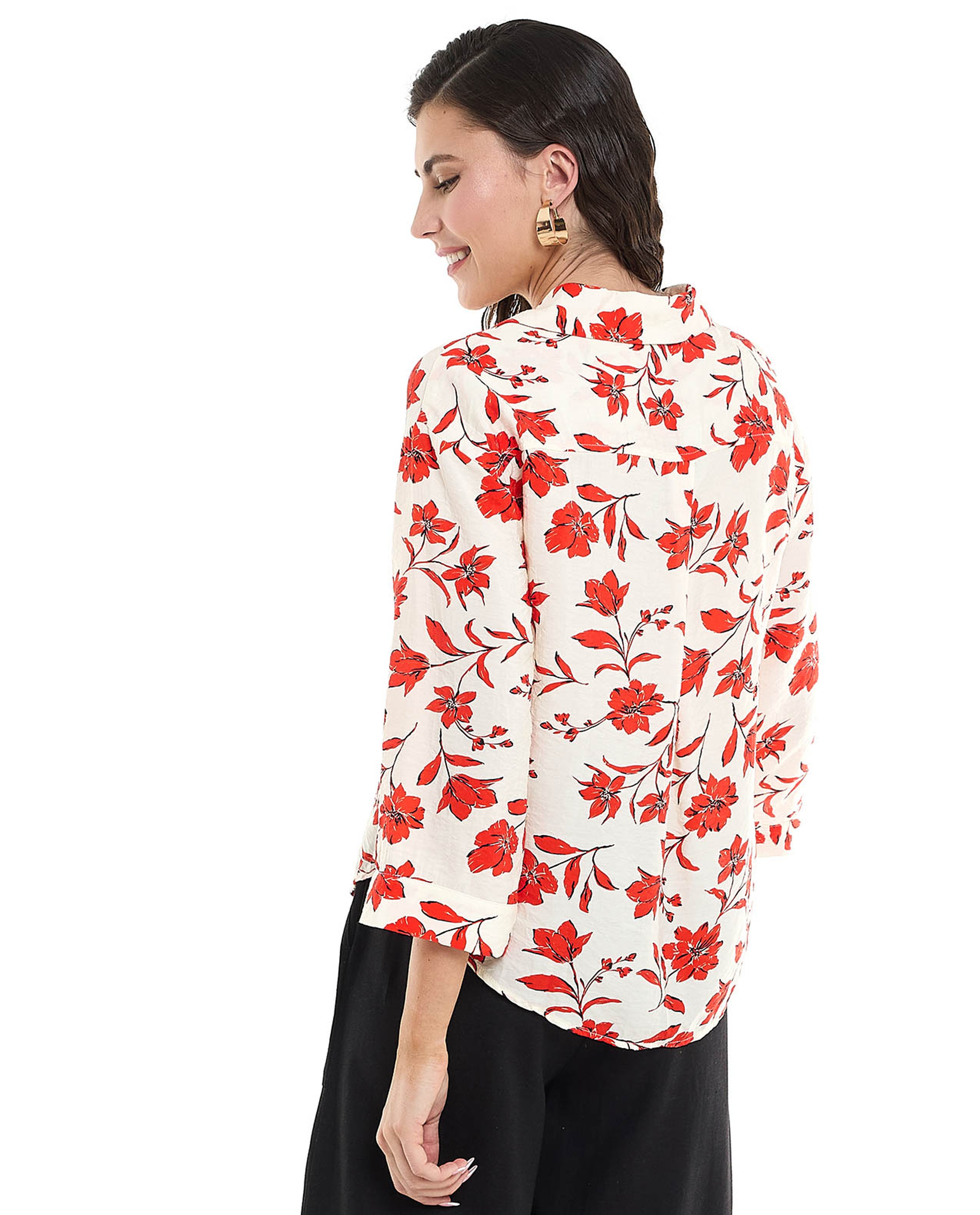 Floral Printed Shirt with Revere Collar and 3/4 Sleeves