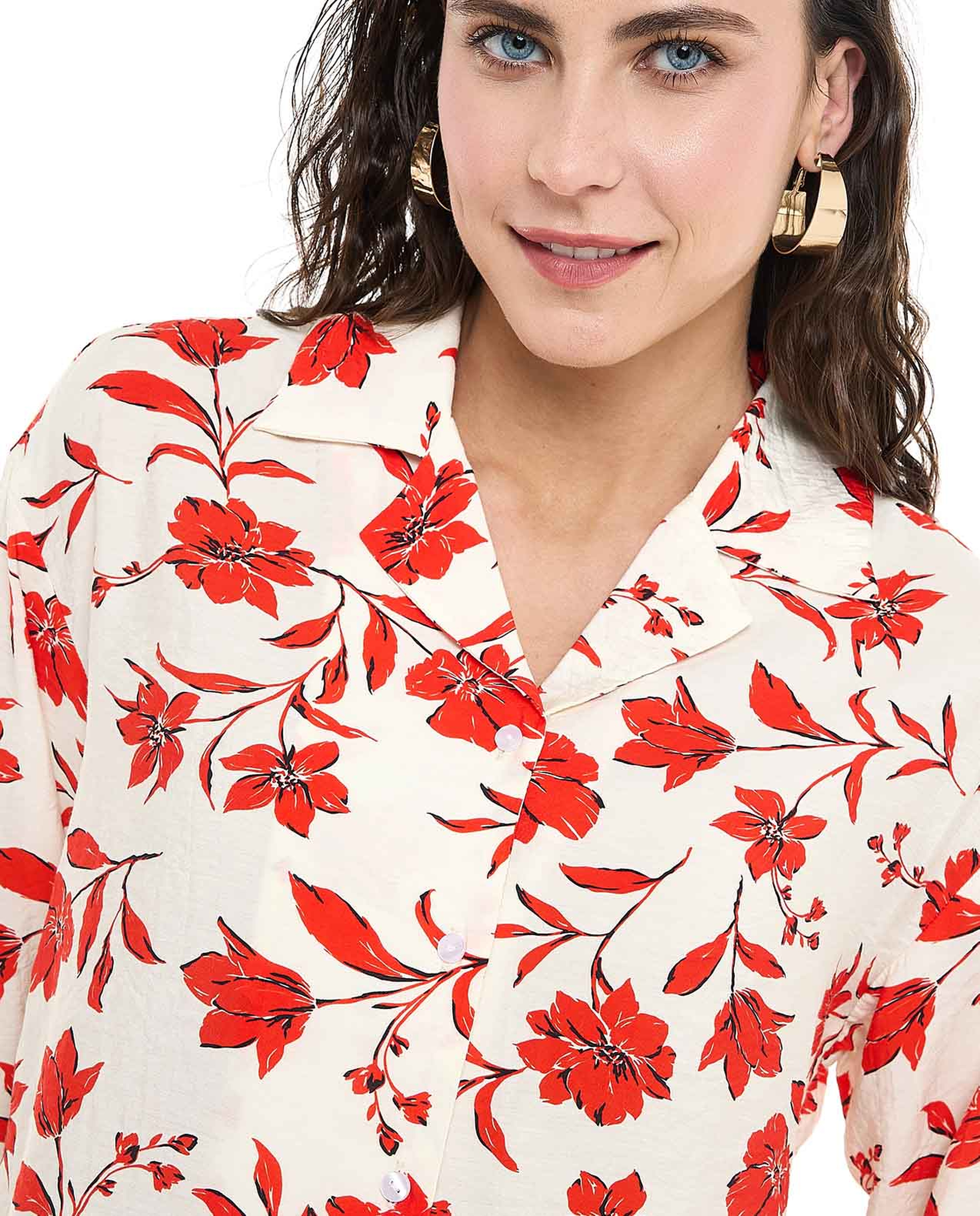 Floral Printed Shirt with Revere Collar and 3/4 Sleeves