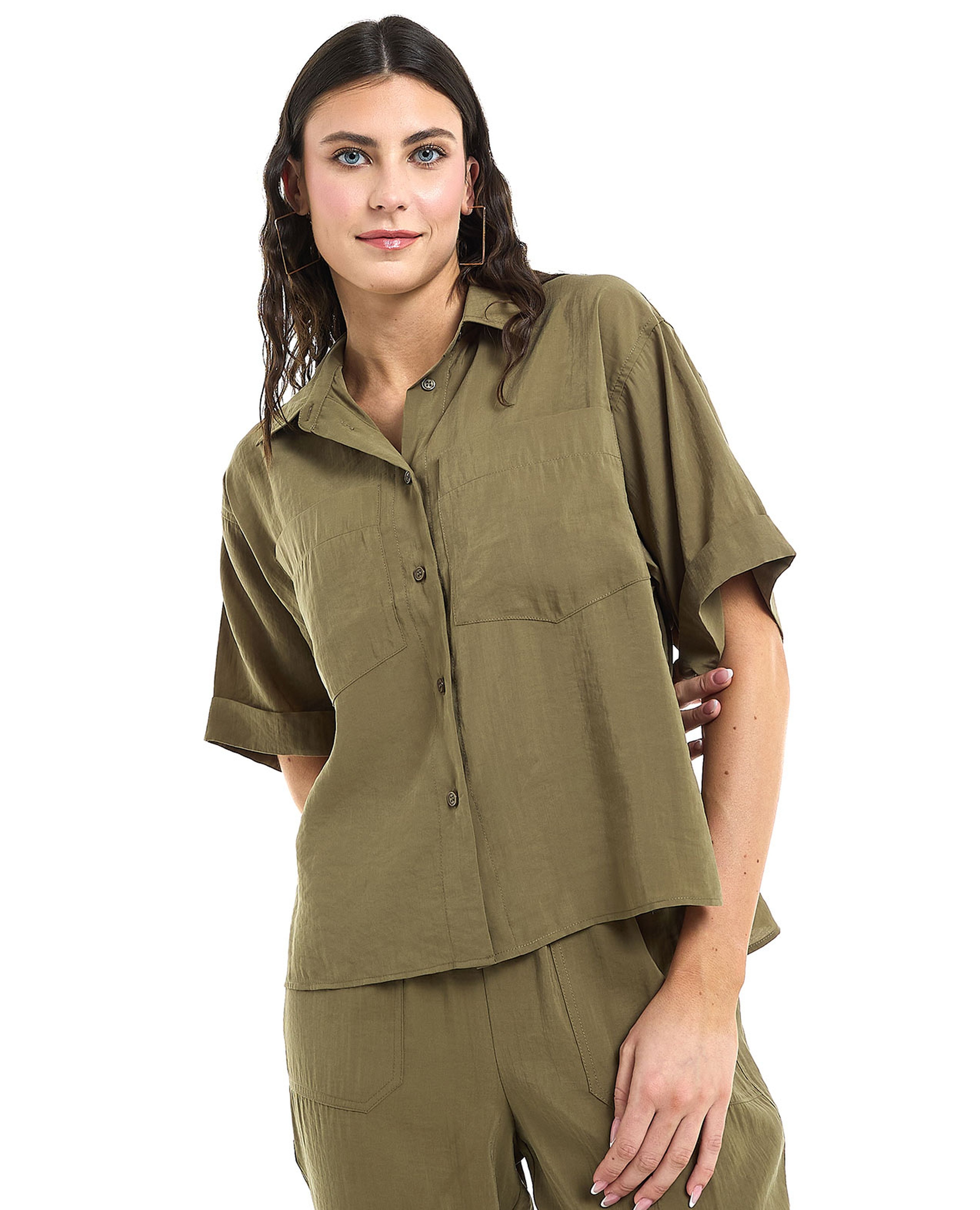 Pocket Detail Shirt with Classic Collar and Short Sleeves