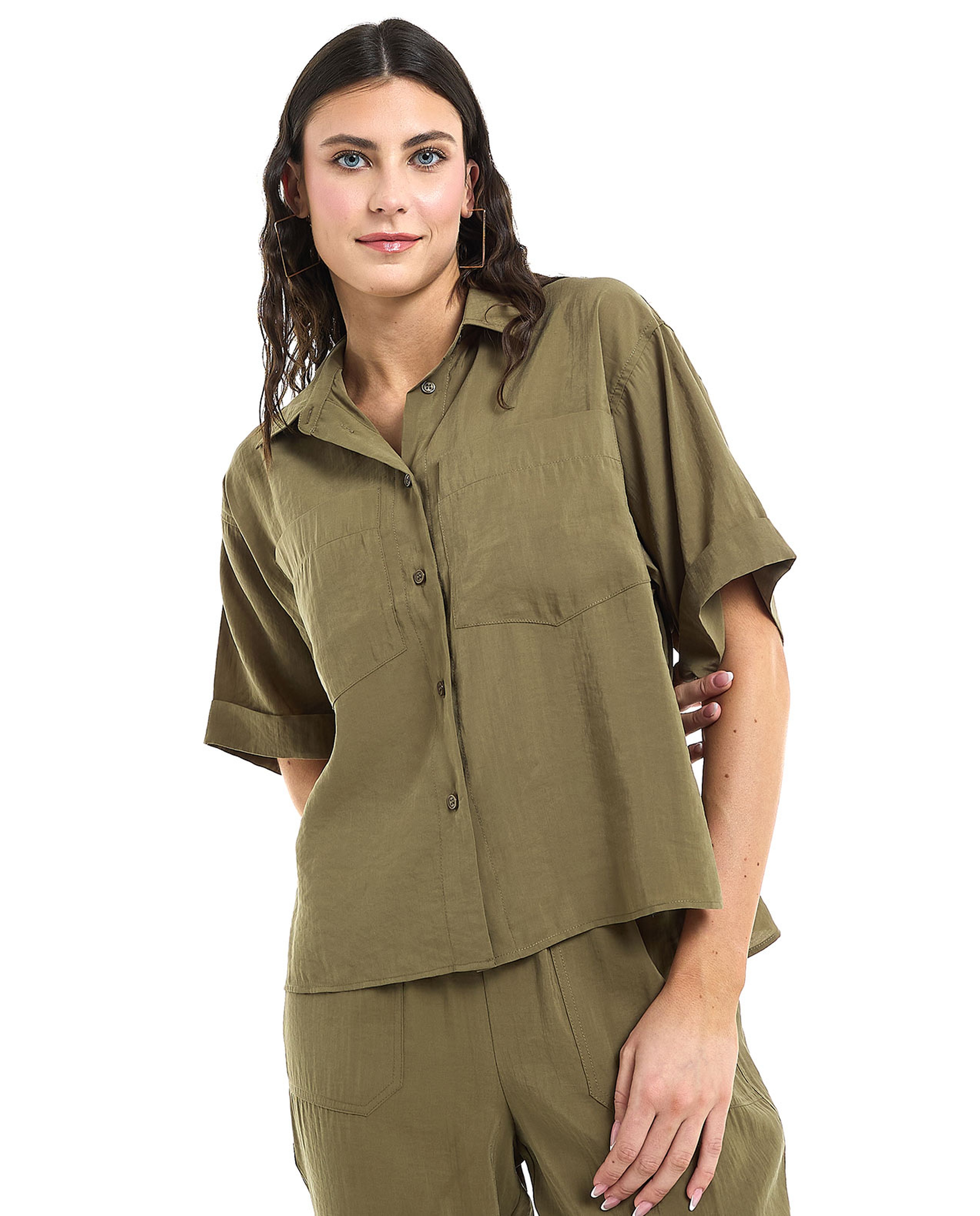 Pocket Detail Shirt with Classic Collar and Short Sleeves