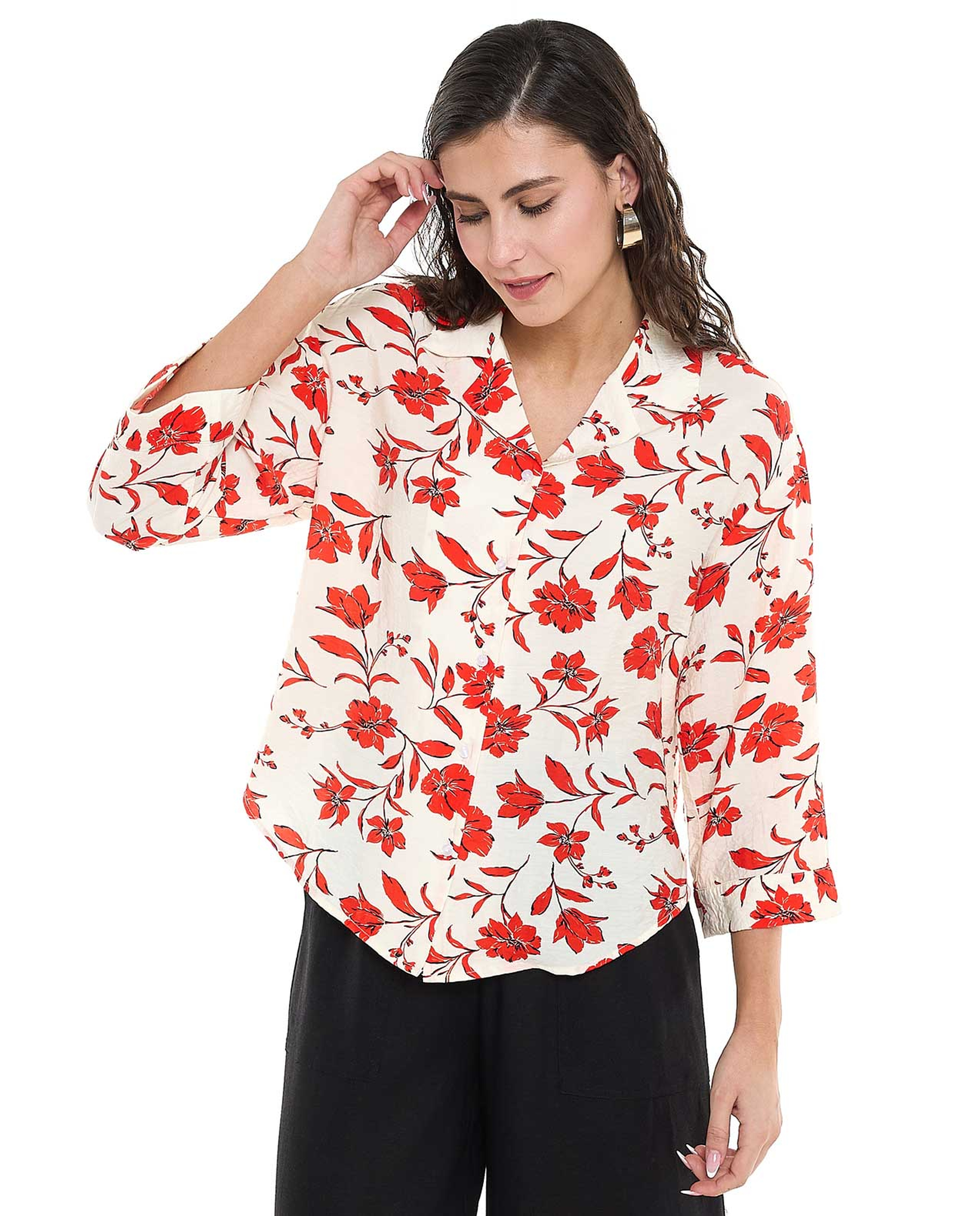 Floral Printed Shirt with Revere Collar and 3/4 Sleeves