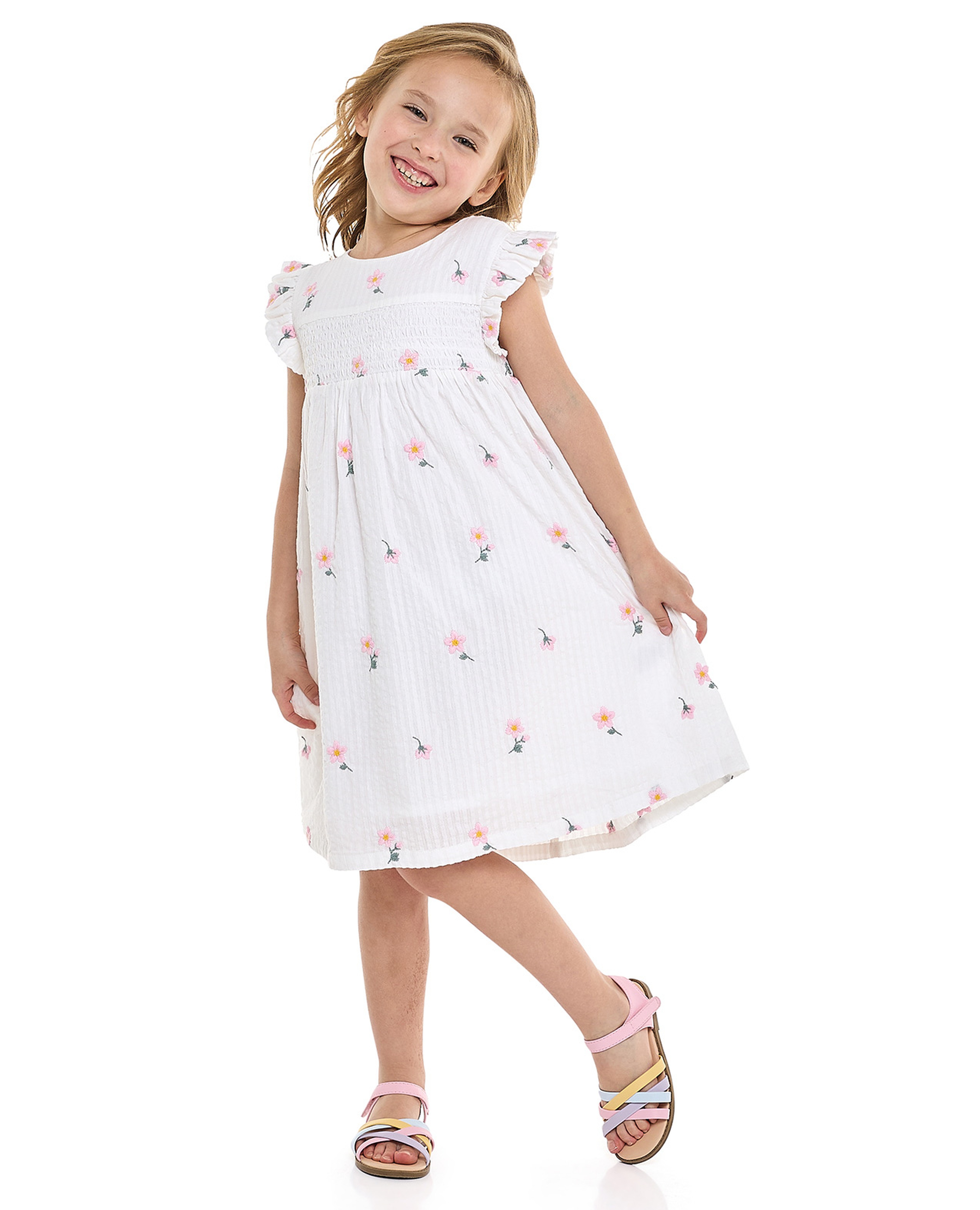 Embroidered Flared Dress with Crew Neck and Flutter Sleeves