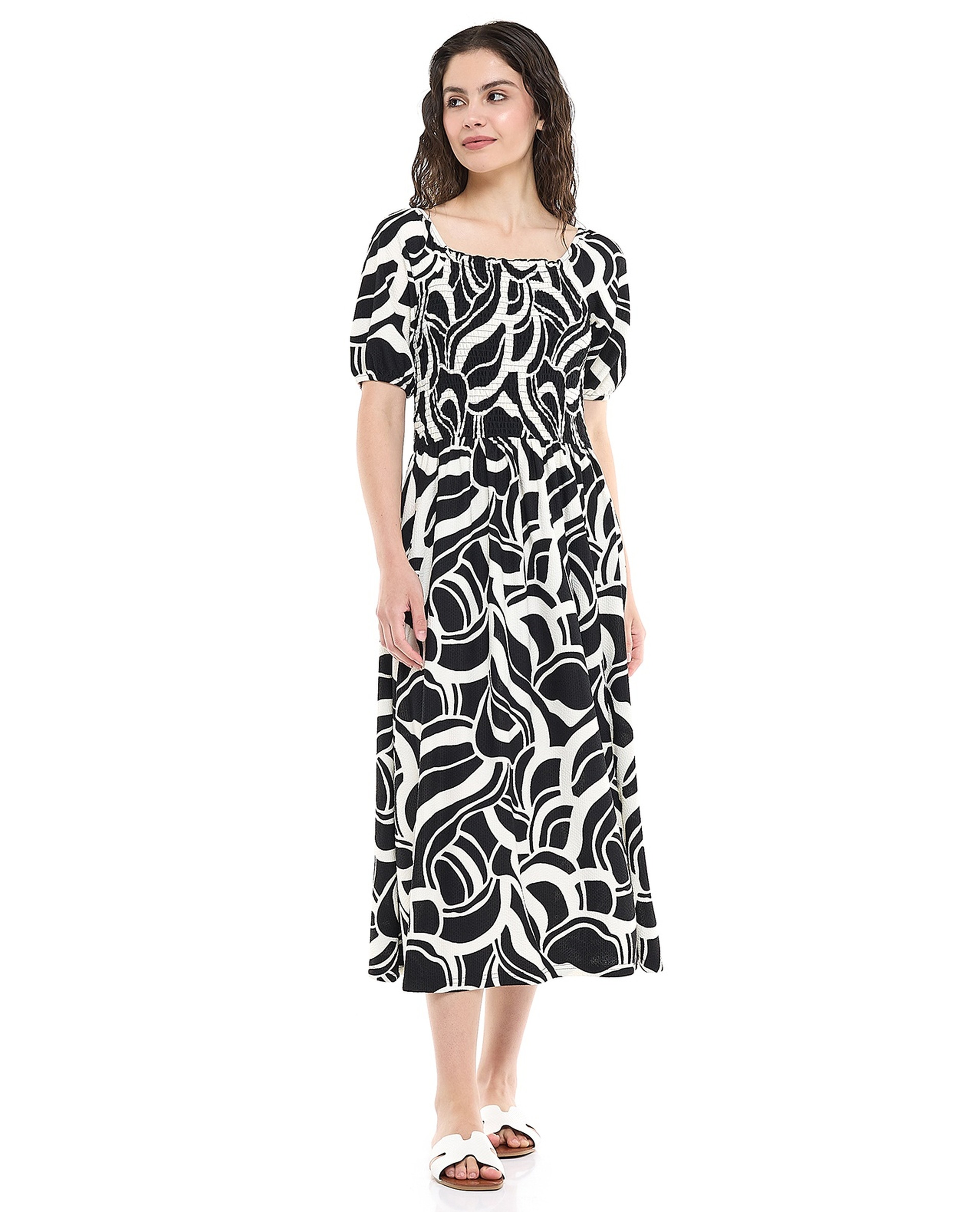 Patterned Midi Dress with Square Neck and Puff Sleeves