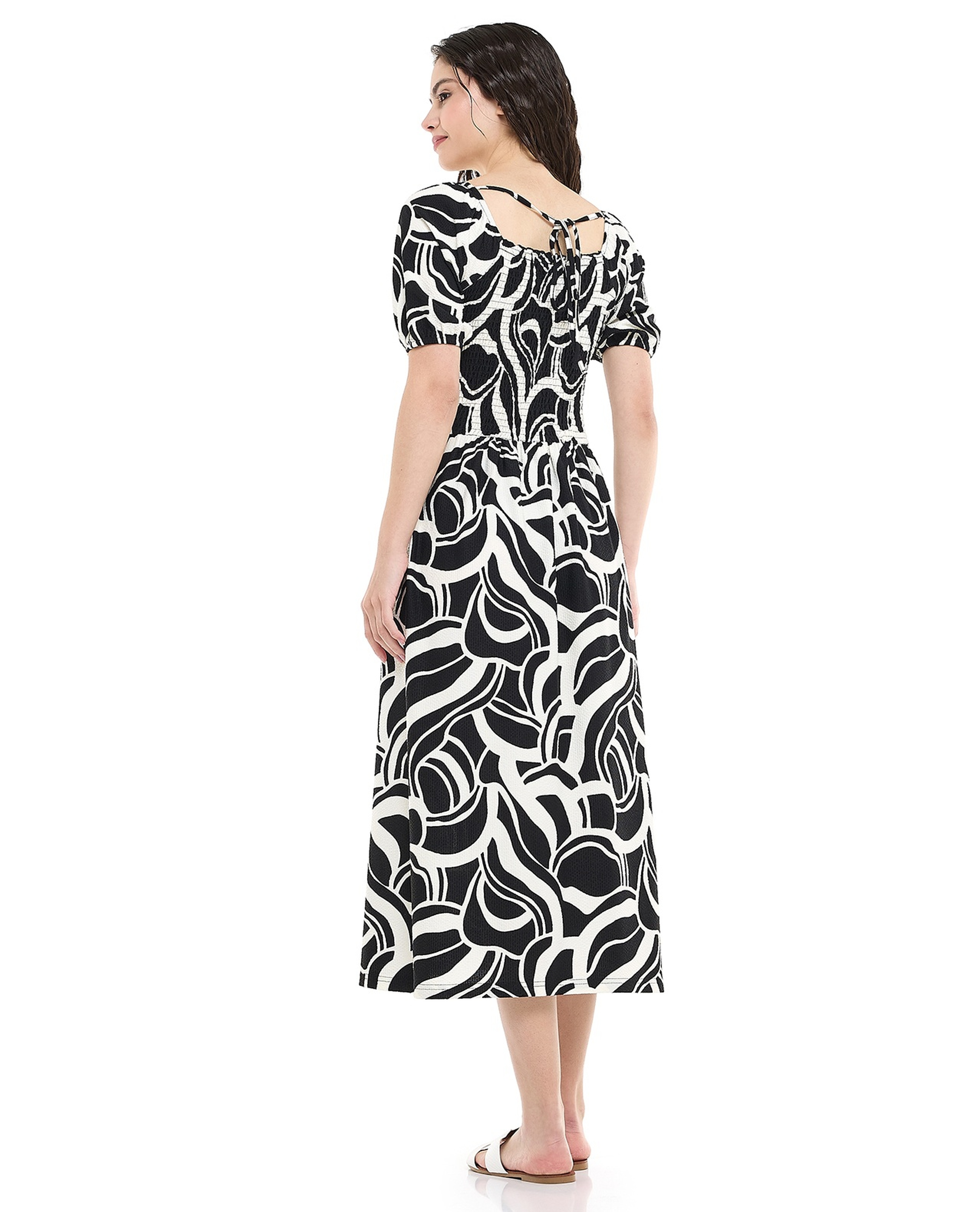 Patterned Midi Dress with Square Neck and Puff Sleeves