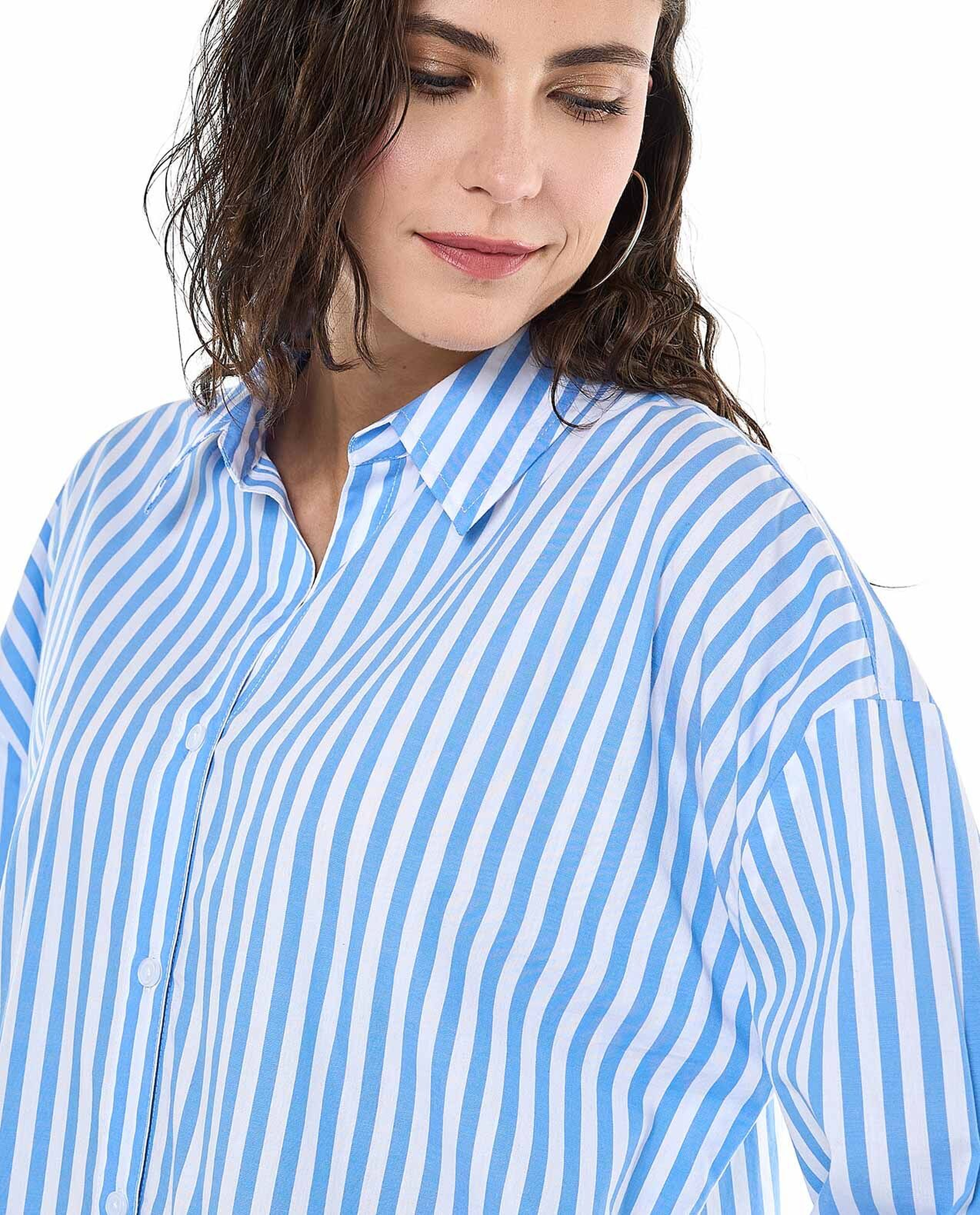 Striped Shirt Tunic with Classic Collar and Long Sleeves