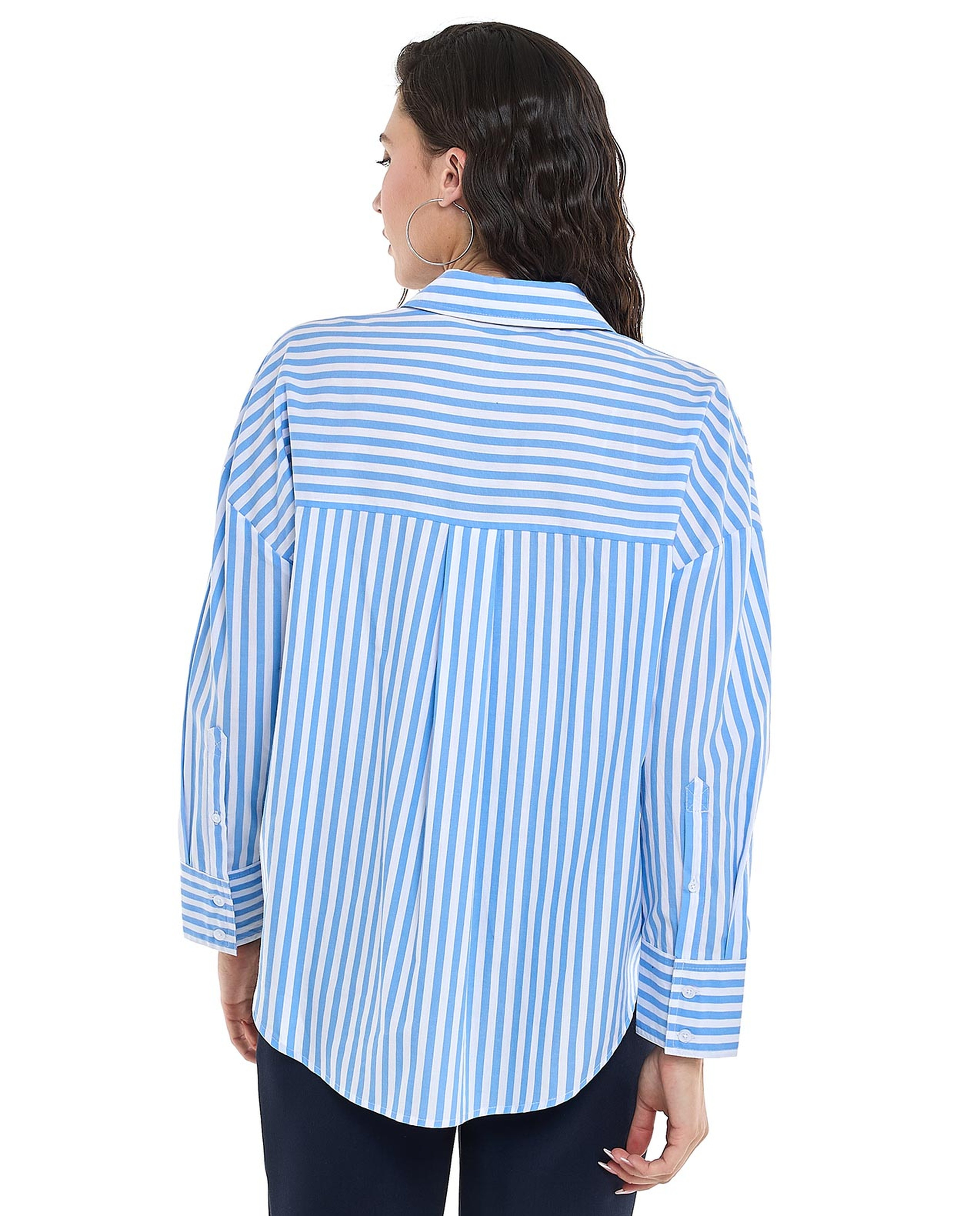 Striped Shirt Tunic with Classic Collar and Long Sleeves