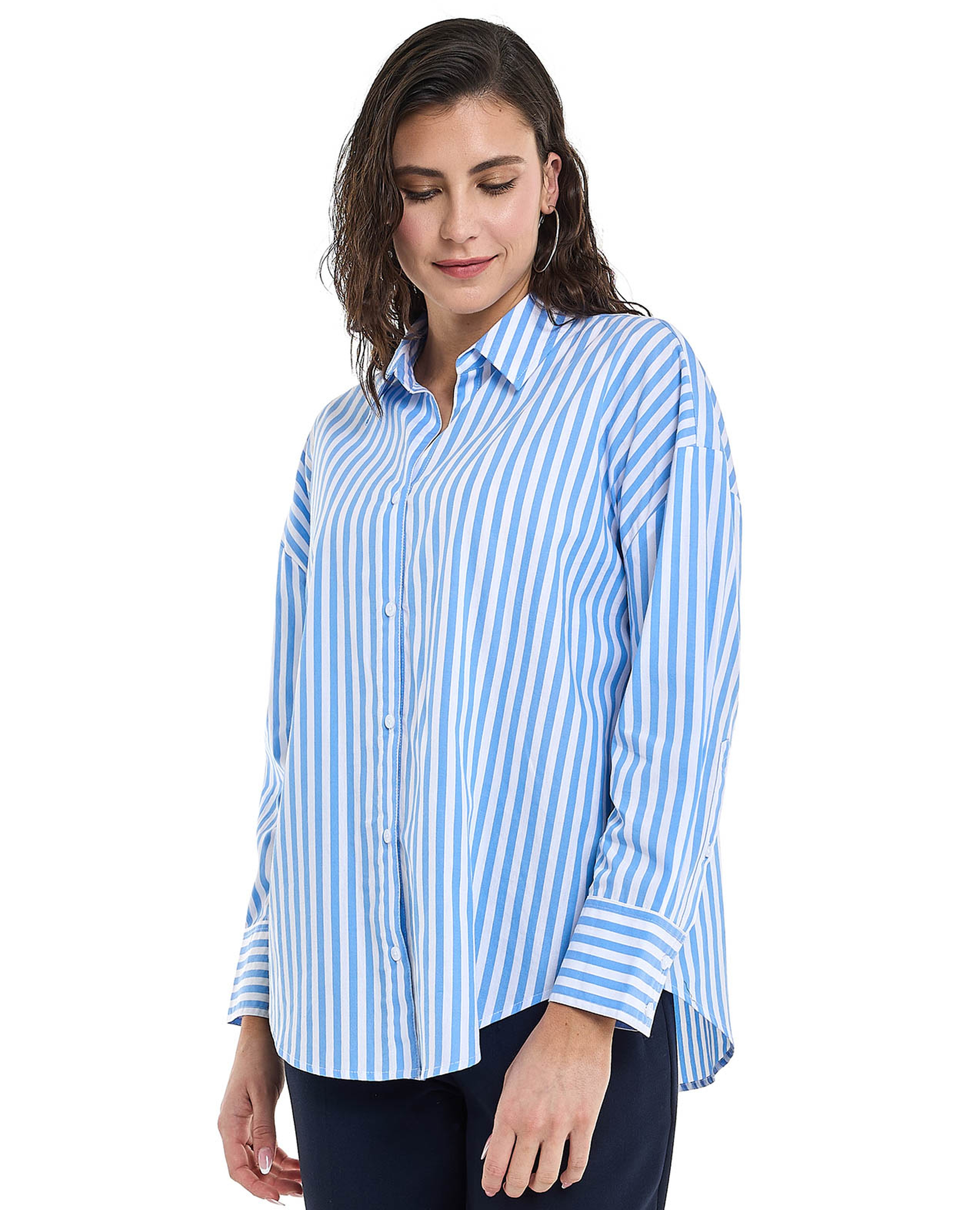 تونيك قميص مخطط بياقة كلاسيكية وأكمام طويلة