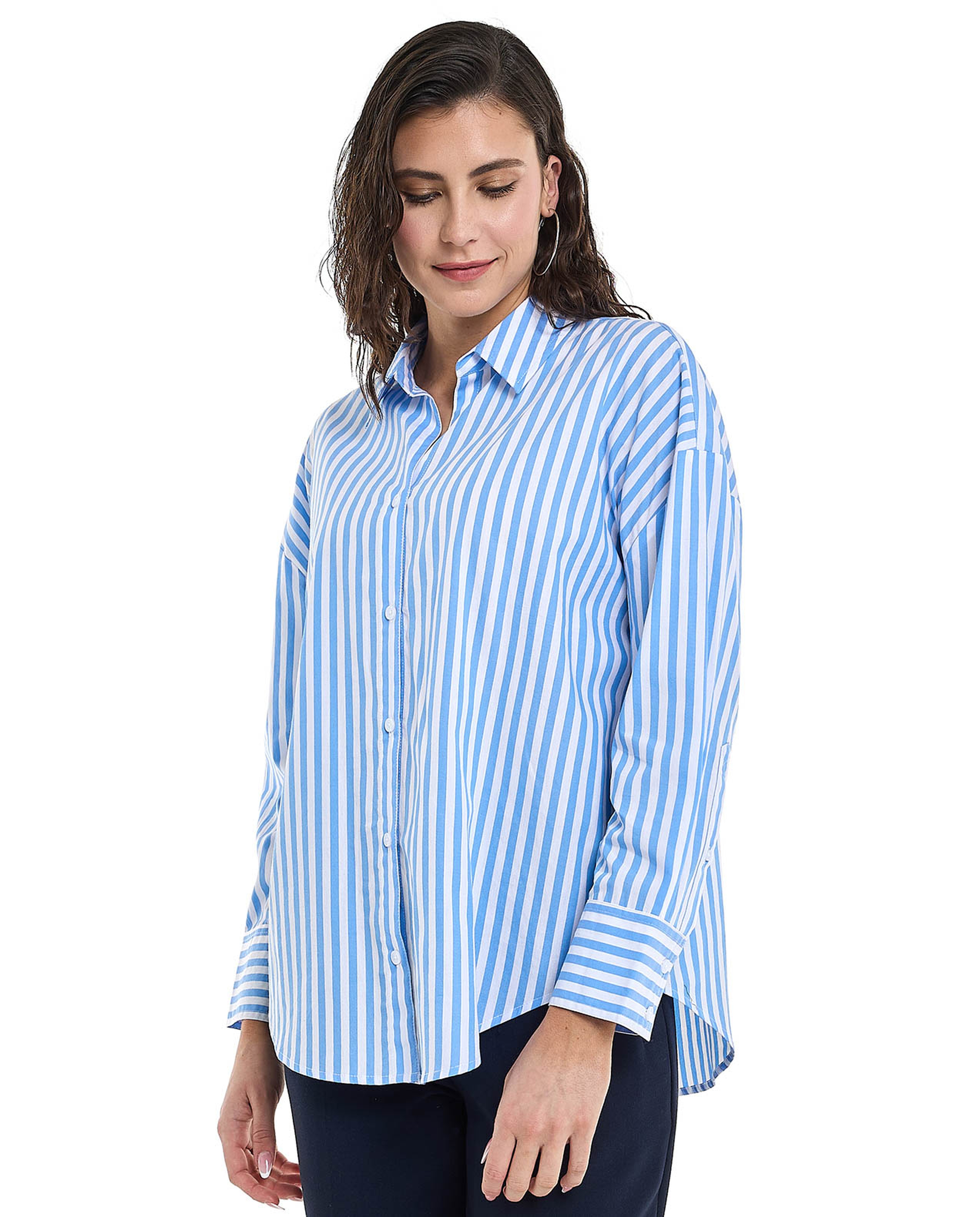 Striped Shirt Tunic with Classic Collar and Long Sleeves