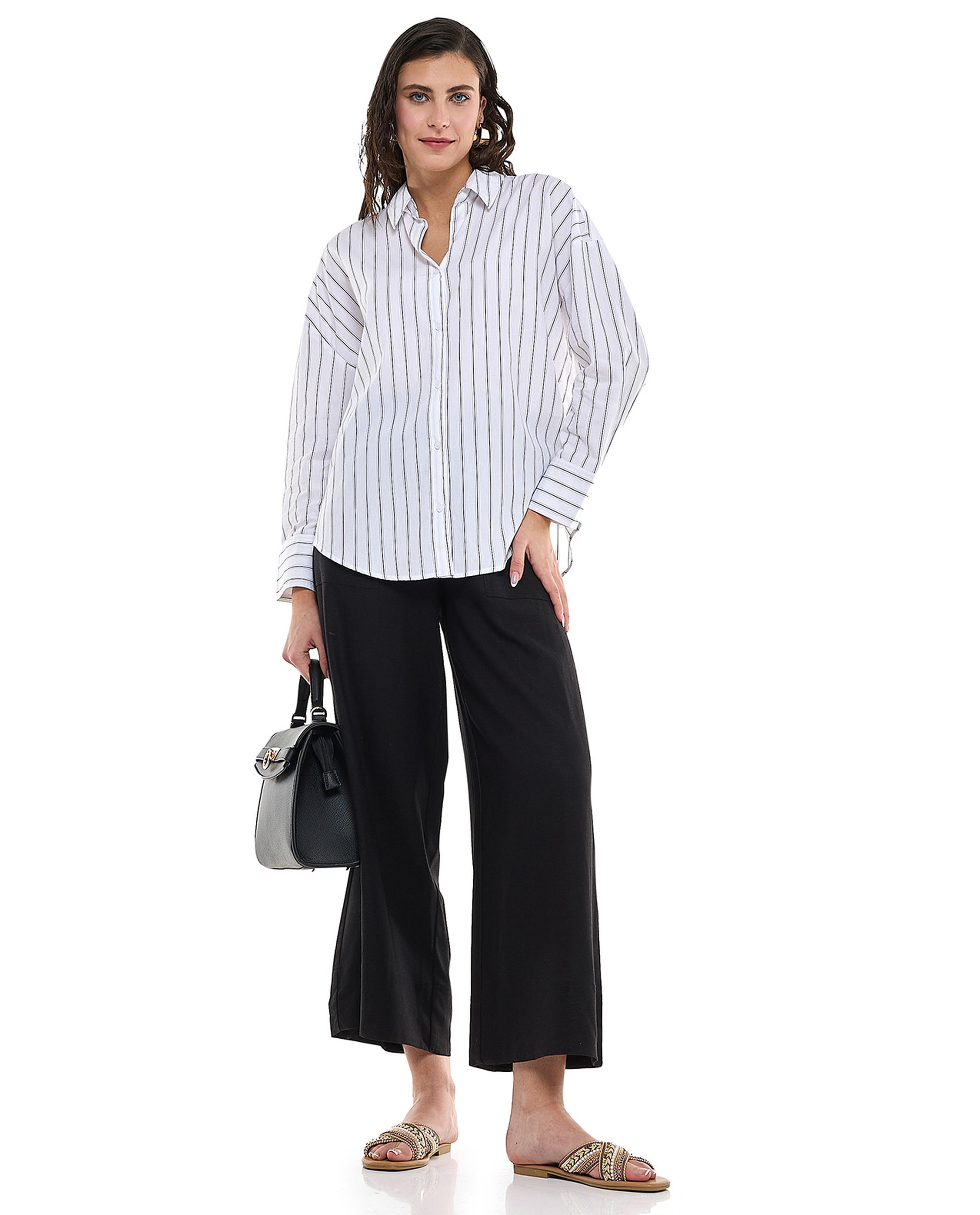 Striped Shirt Tunic with Classic Collar and Long Sleeves