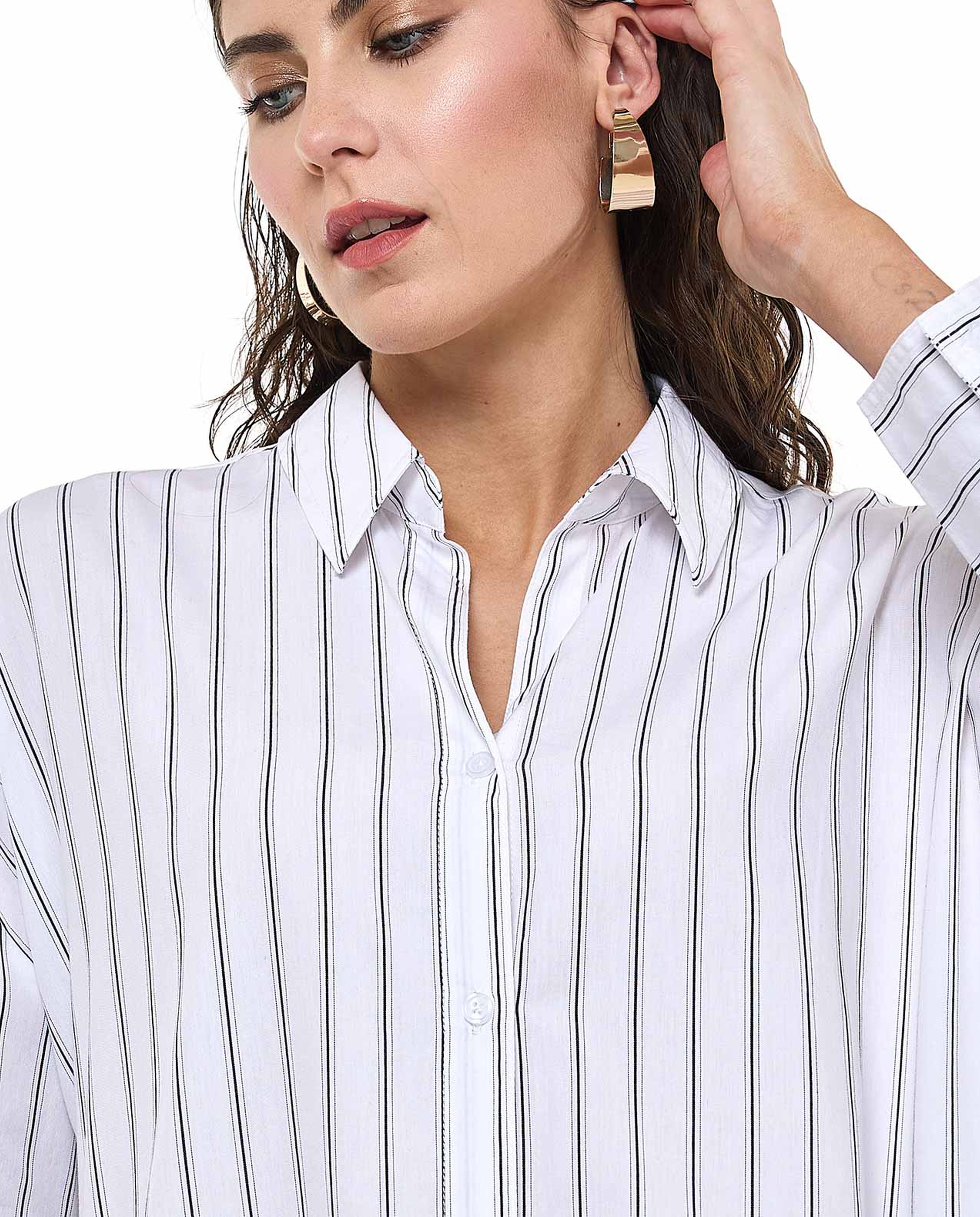 Striped Shirt Tunic with Classic Collar and Long Sleeves