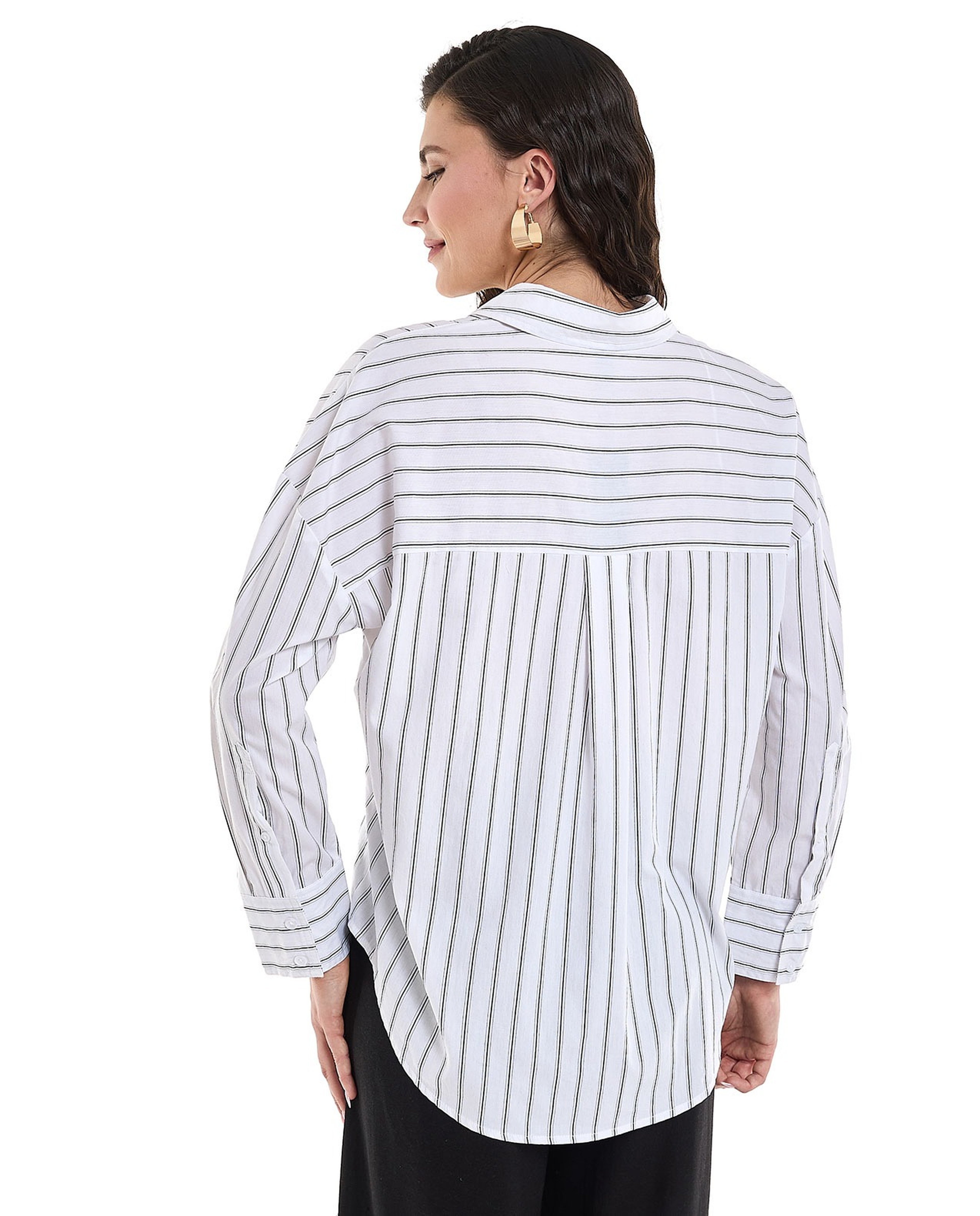 Striped Shirt Tunic with Classic Collar and Long Sleeves