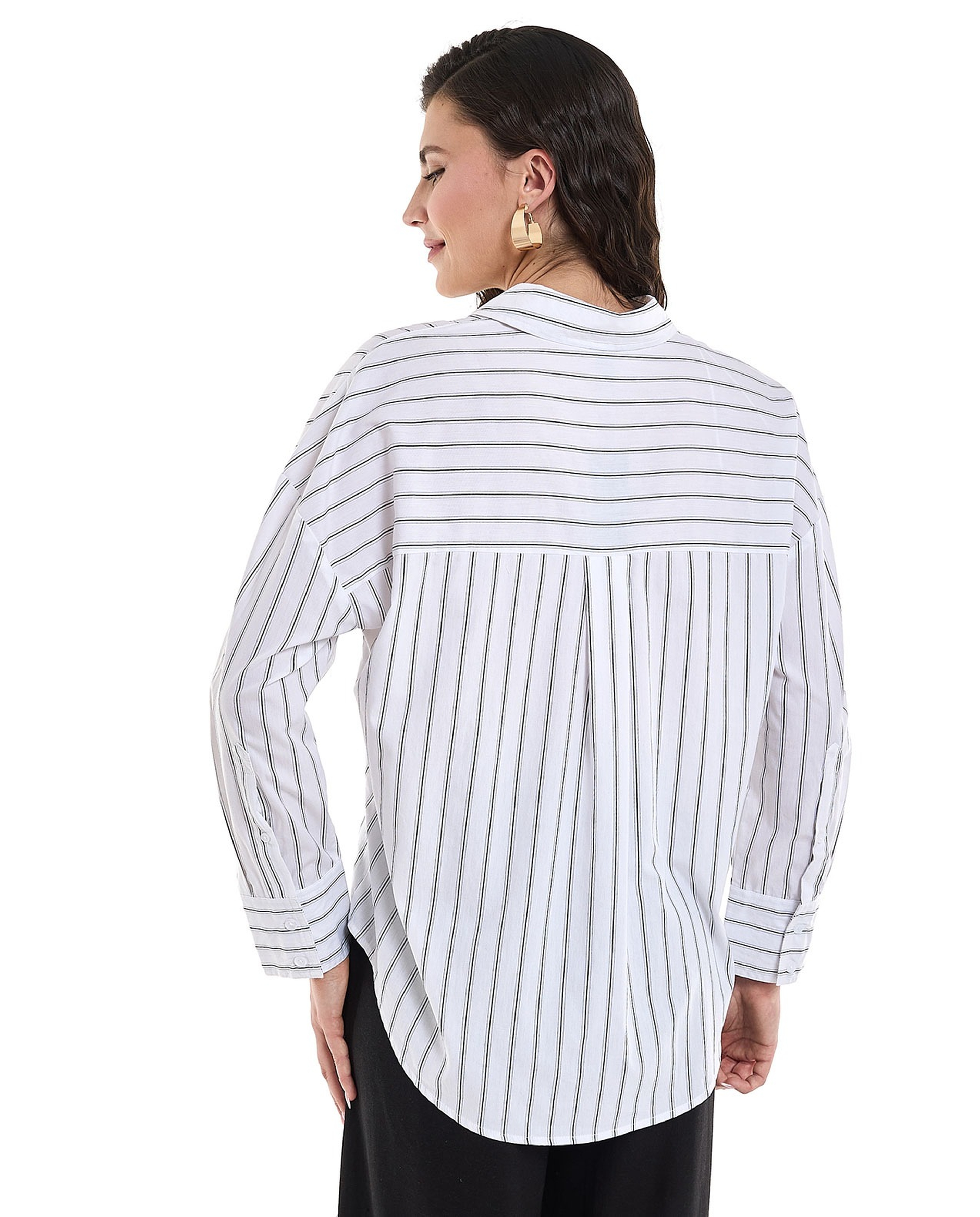 Striped Shirt Tunic with Classic Collar and Long Sleeves