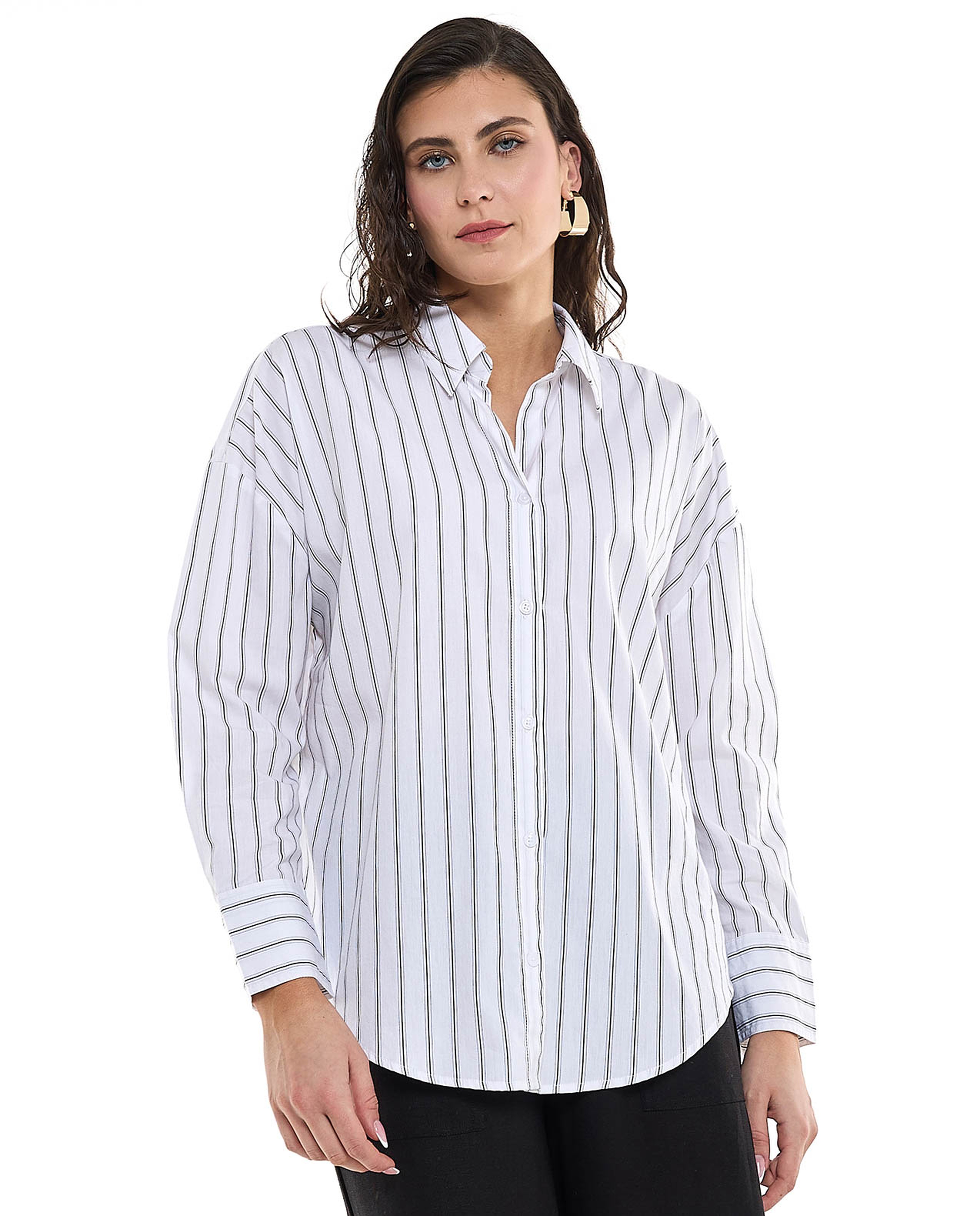 Striped Shirt Tunic with Classic Collar and Long Sleeves