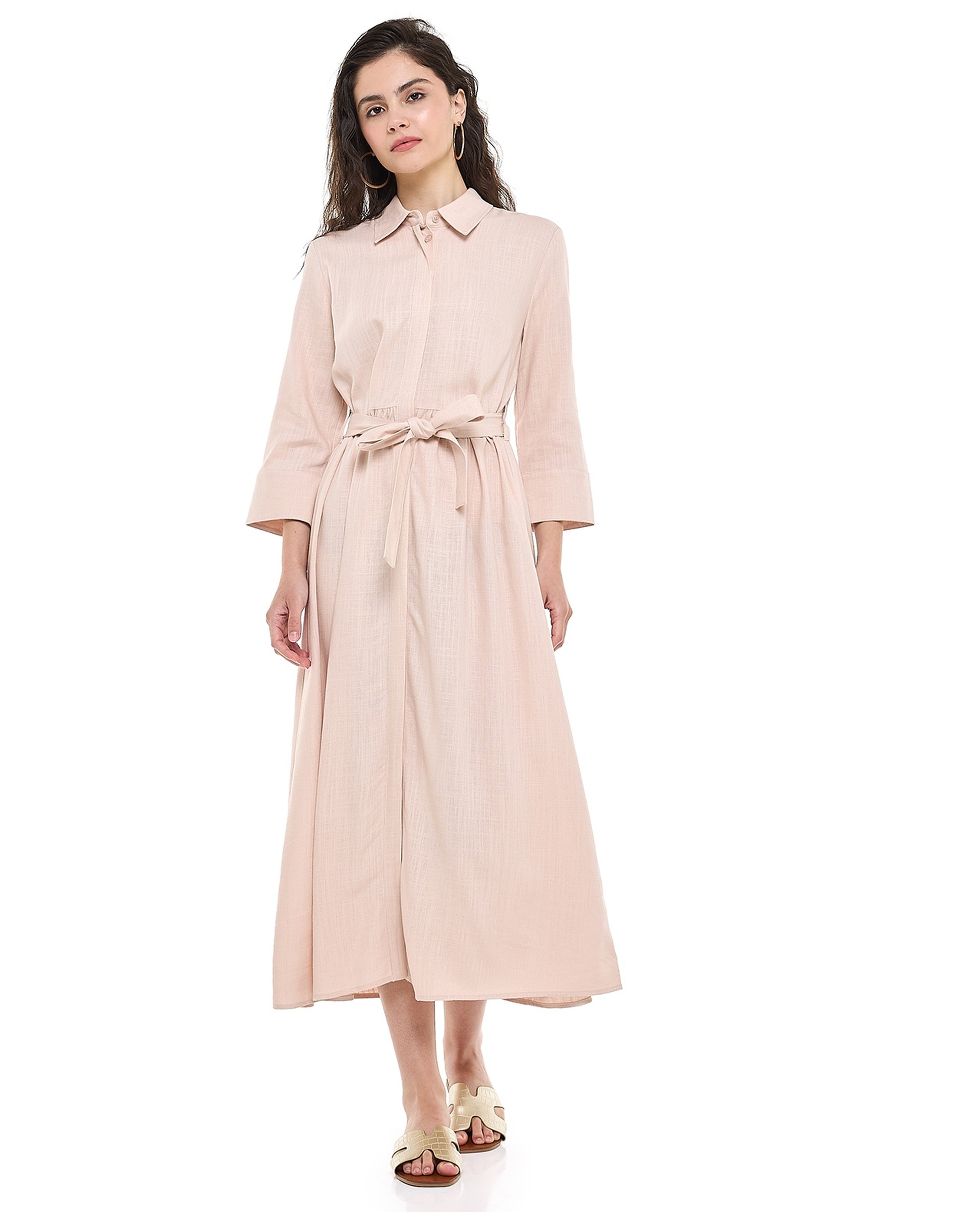 Belted Shirt Dress with Classic Collar and Long Sleeves