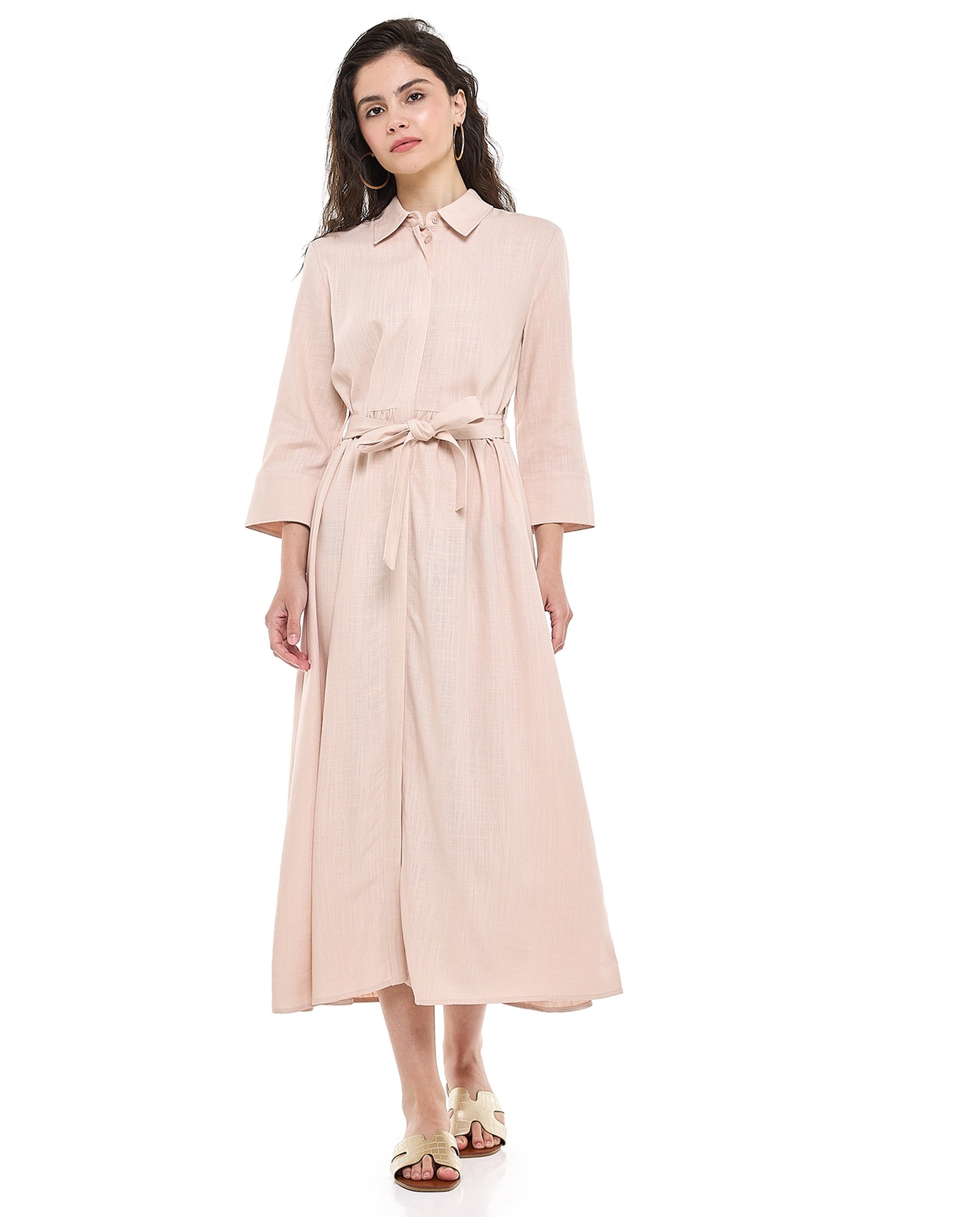 Belted Shirt Dress with Classic Collar and Long Sleeves