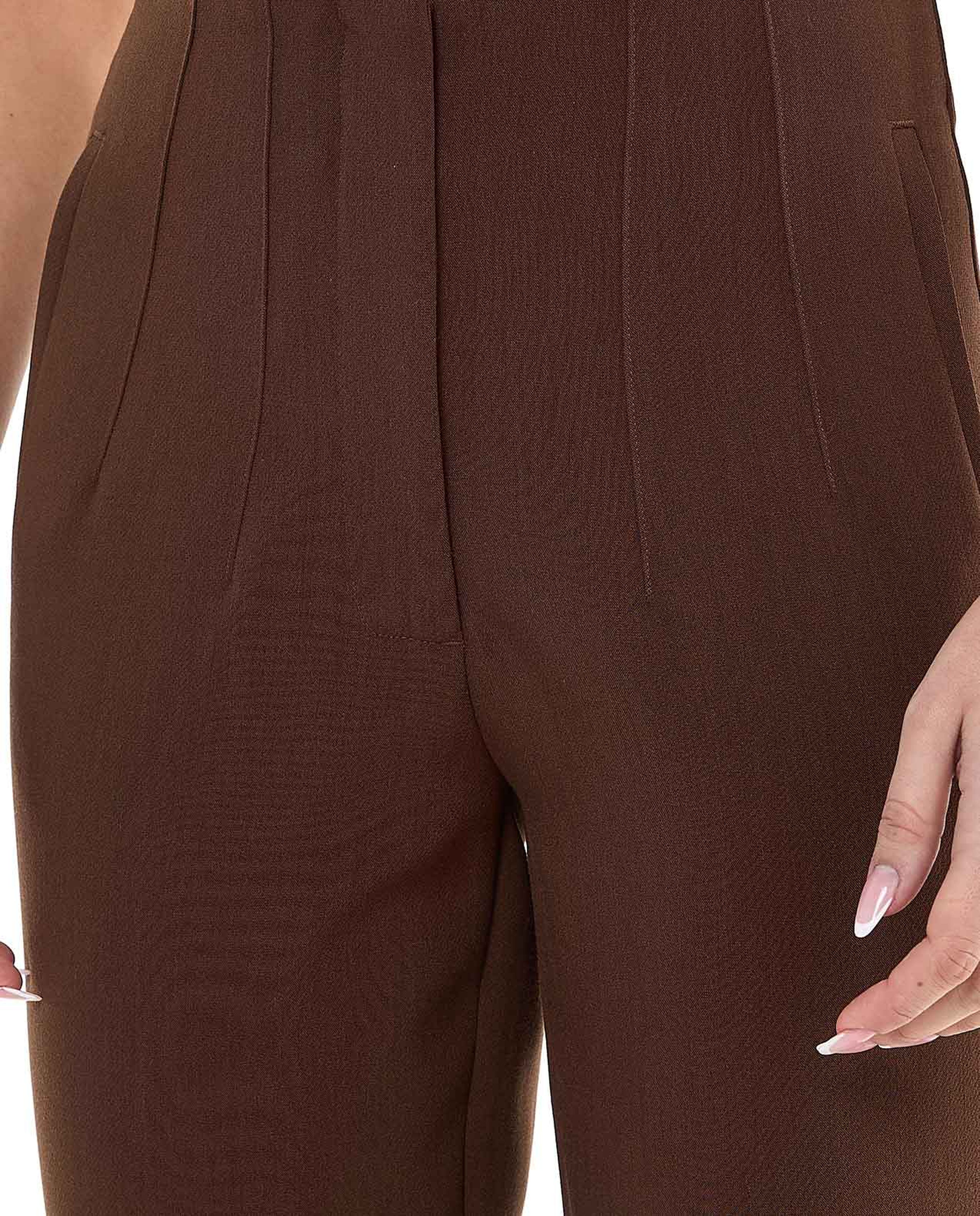 Solid Slim Fit Cropped Trousers with Button Closure
