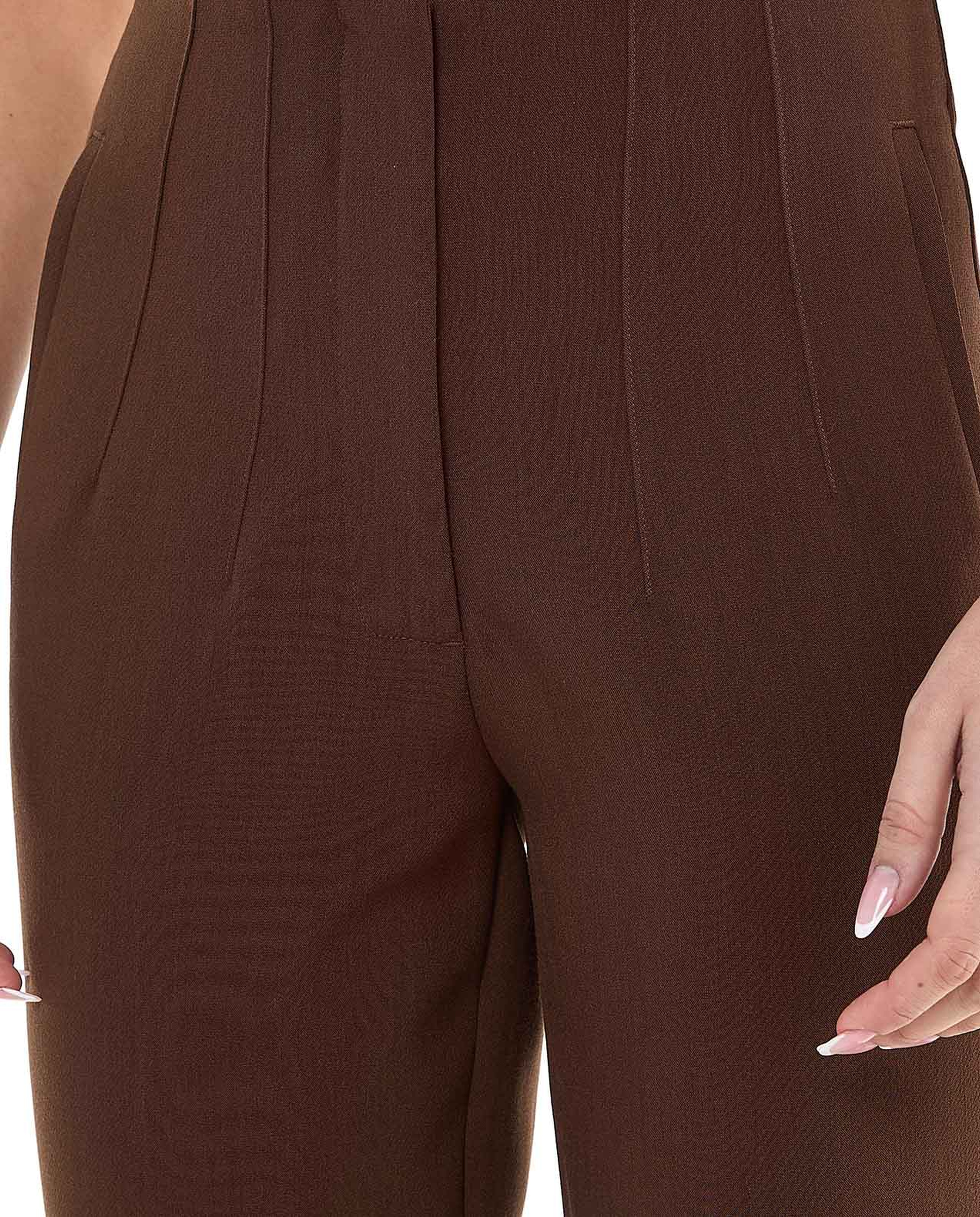Solid Slim Fit Cropped Trousers with Button Closure