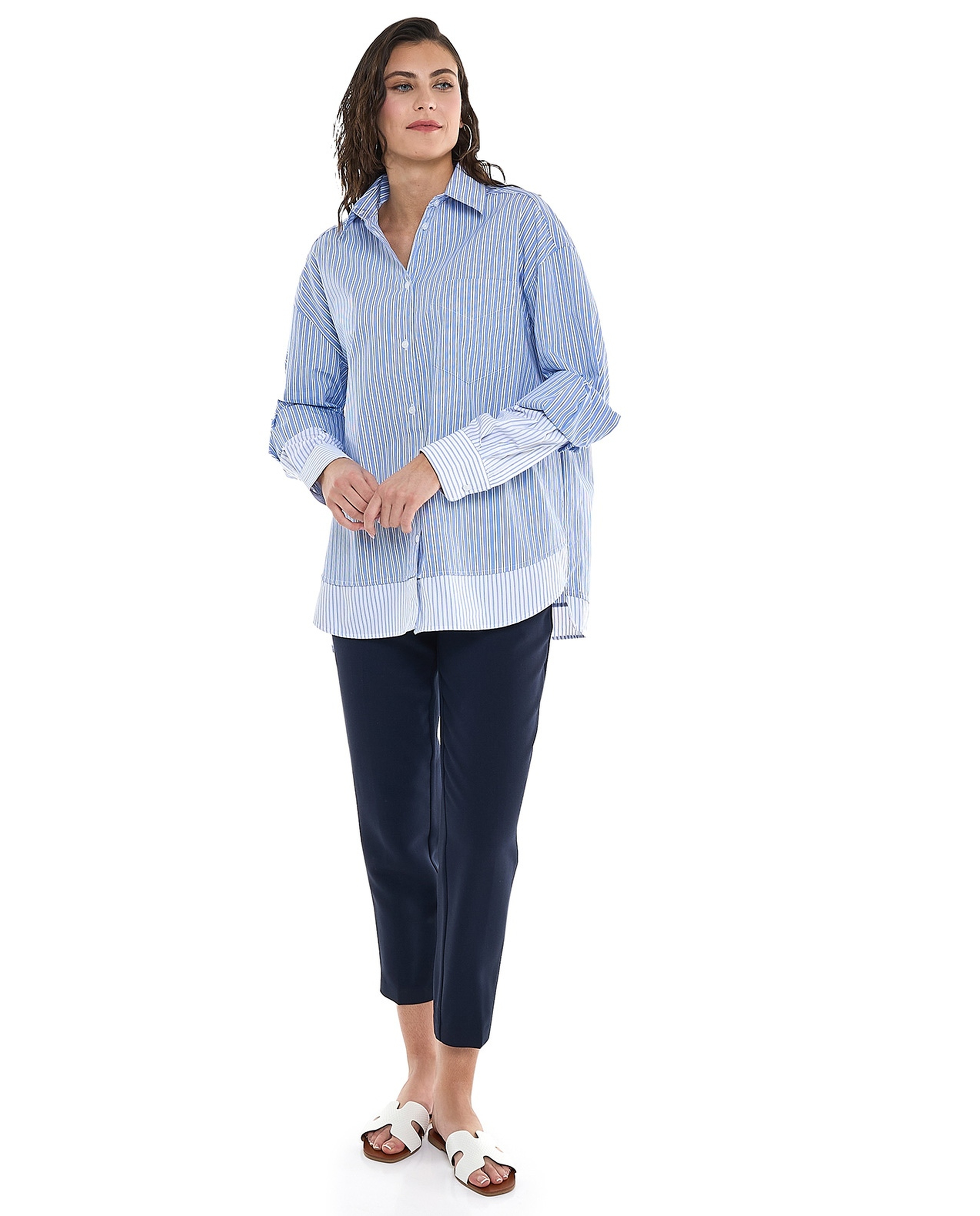 Striped Tunic with Classic Collar and Long Sleeves