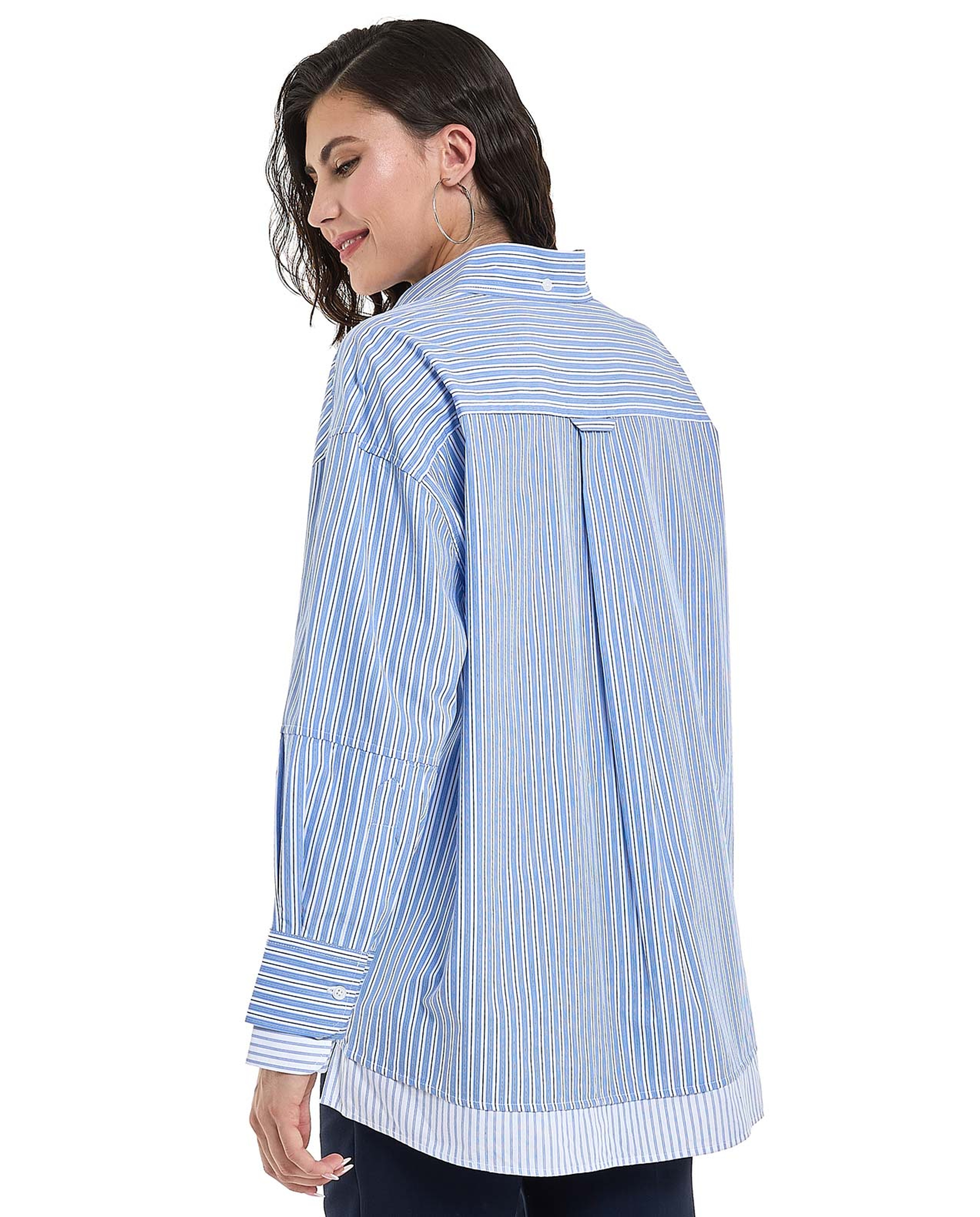 Striped Tunic with Classic Collar and Long Sleeves
