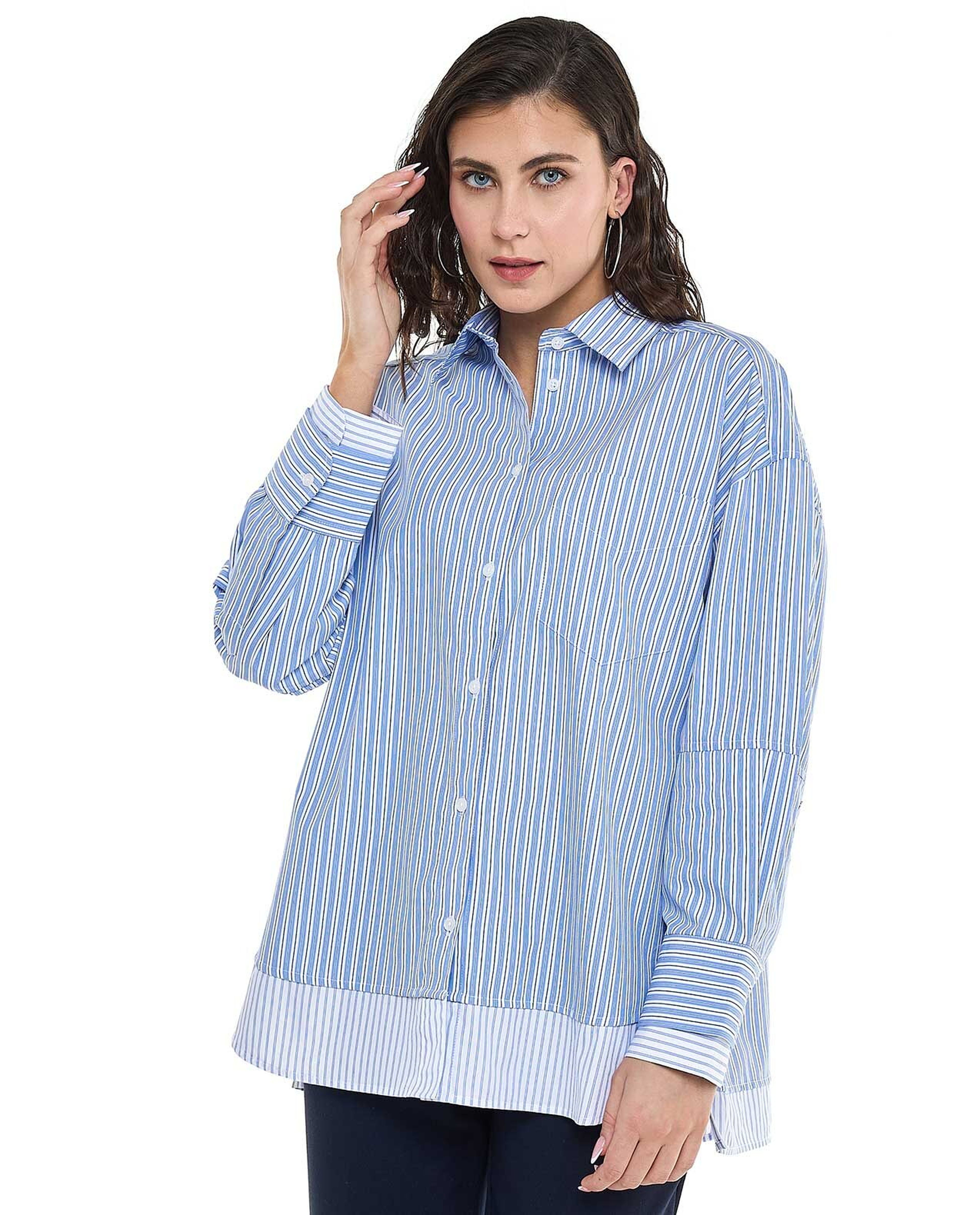 Striped Tunic with Classic Collar and Long Sleeves