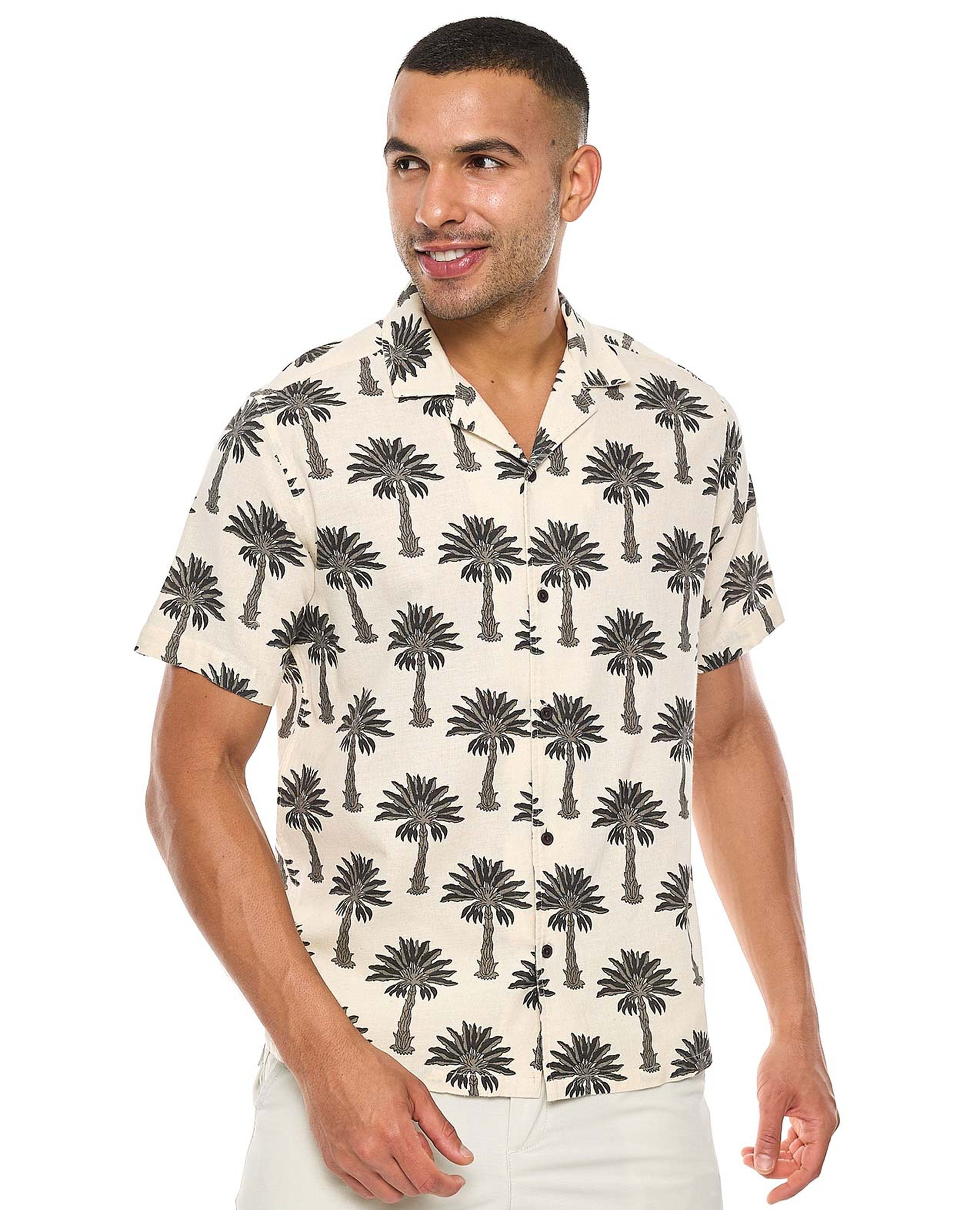 Printed Shirt with Revere Collar and Short Sleeves