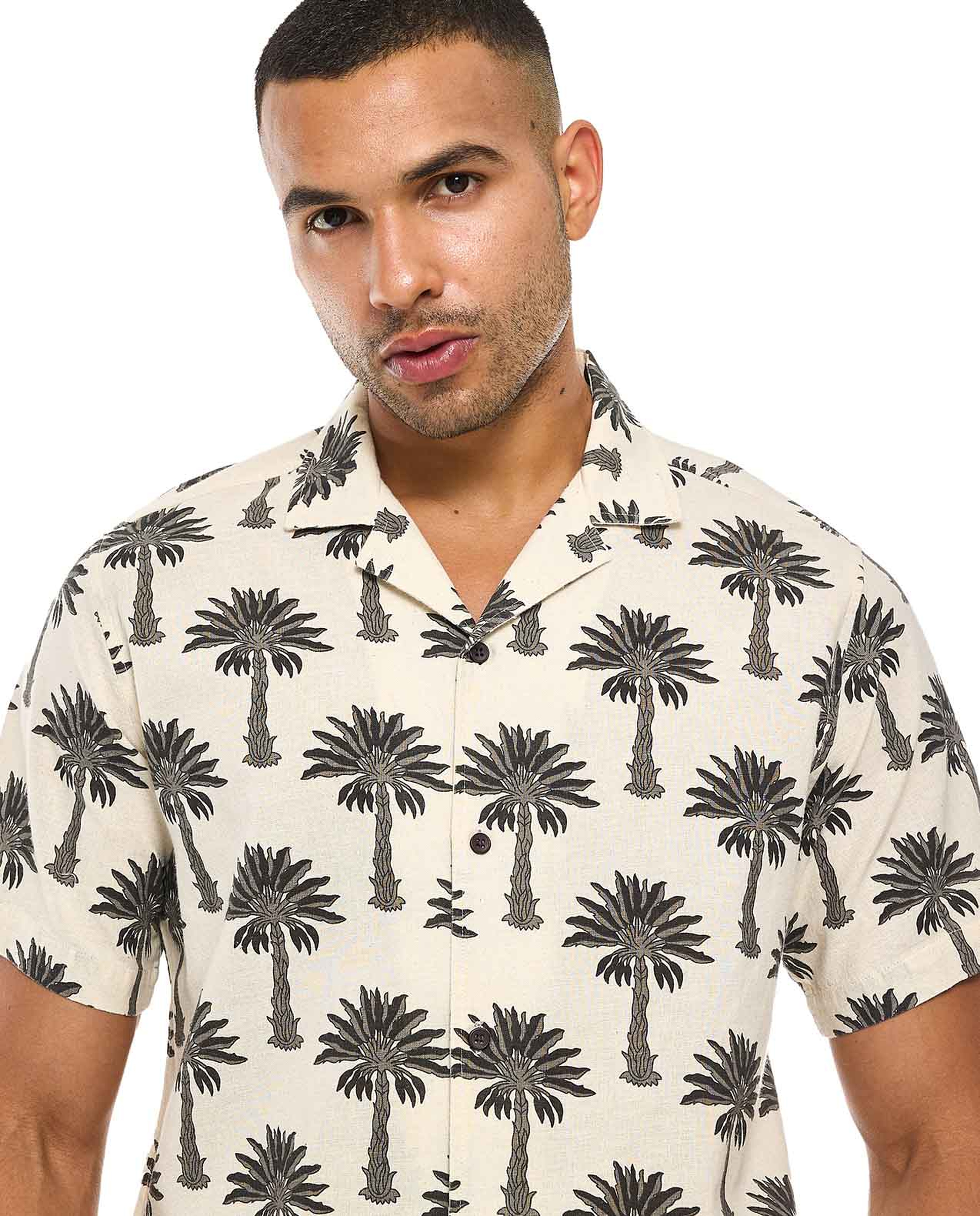 Printed Shirt with Revere Collar and Short Sleeves
