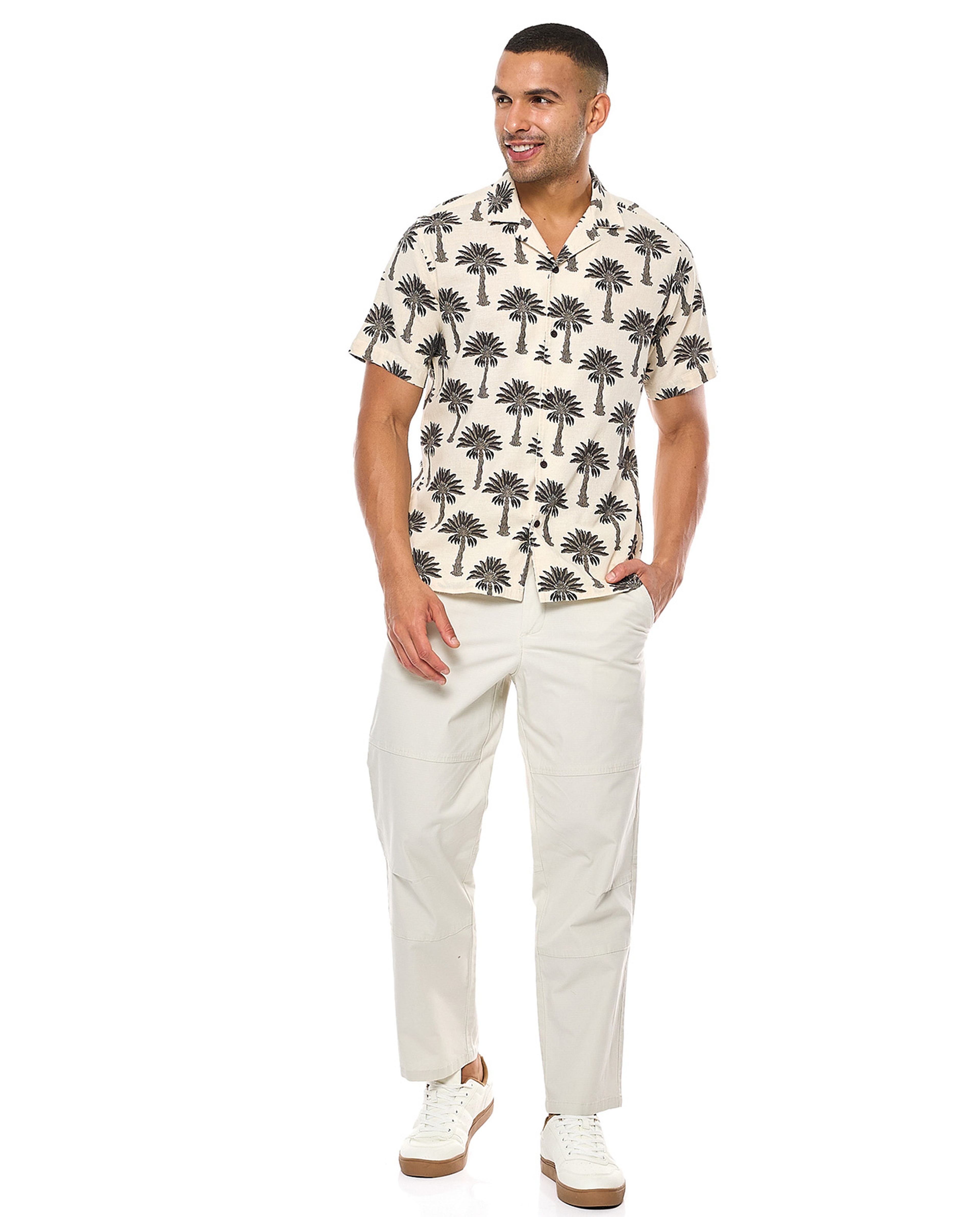 Printed Shirt with Revere Collar and Short Sleeves