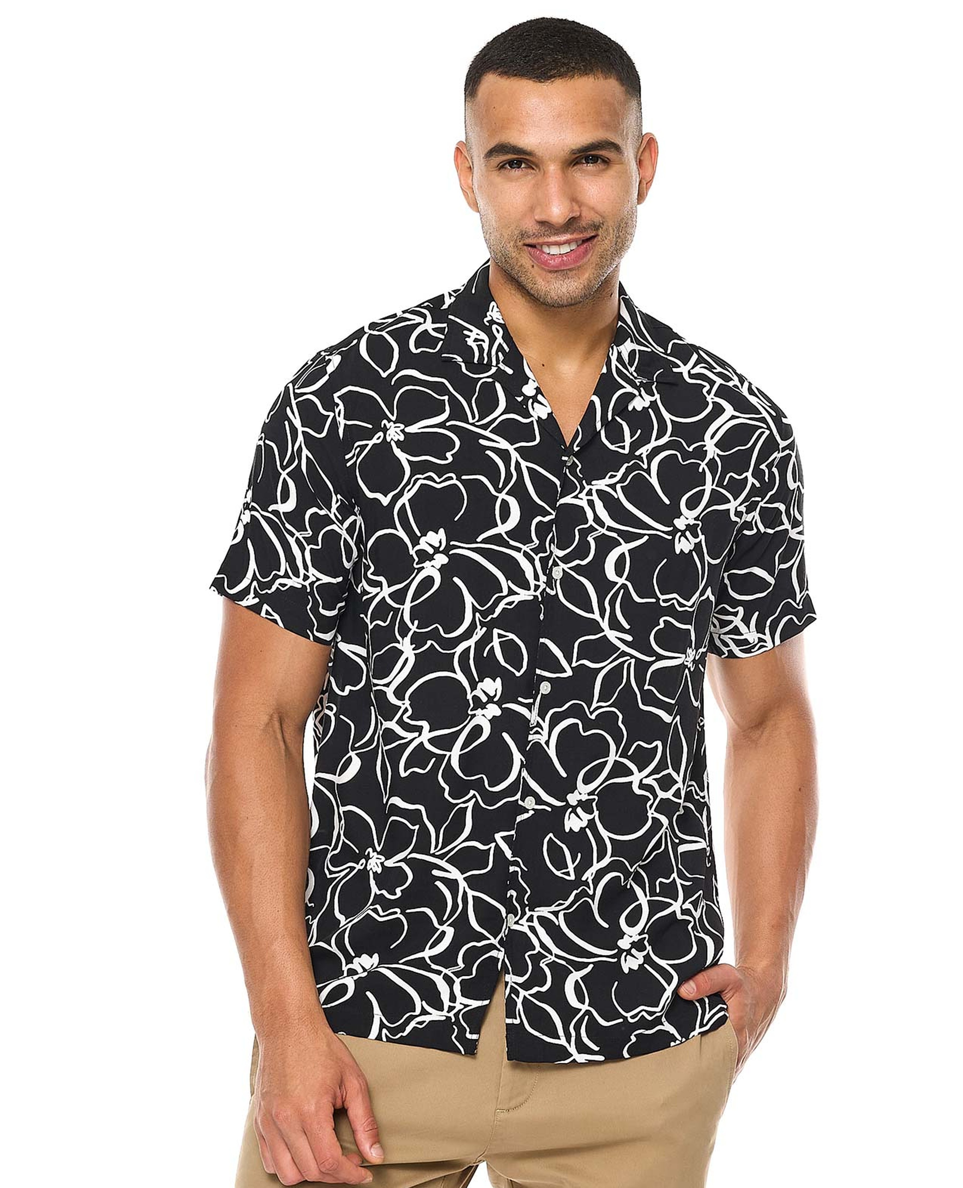 Patterned Shirt with Revere Collar and Short Sleeves
