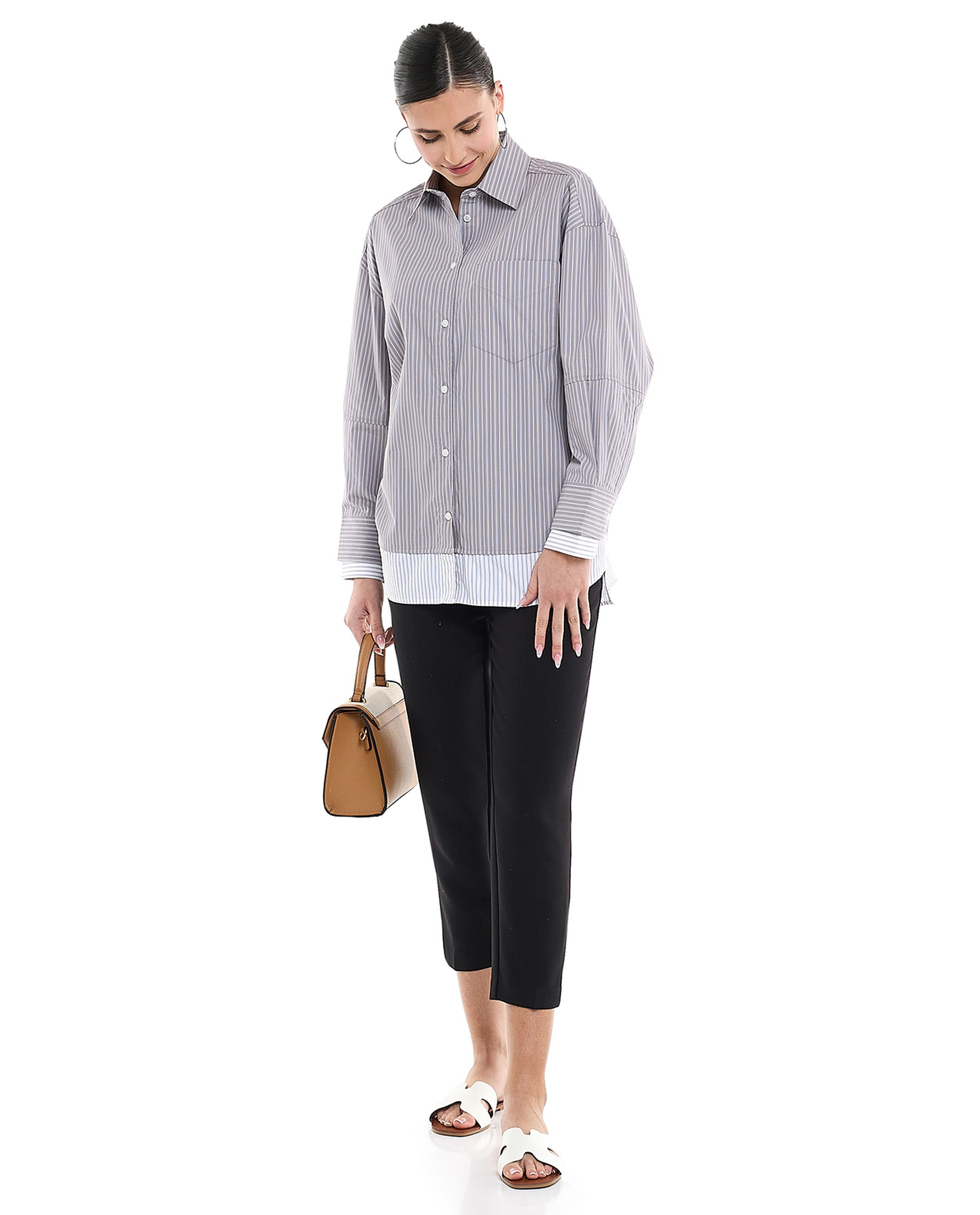 Striped Tunic with Classic Collar and Long Sleeves