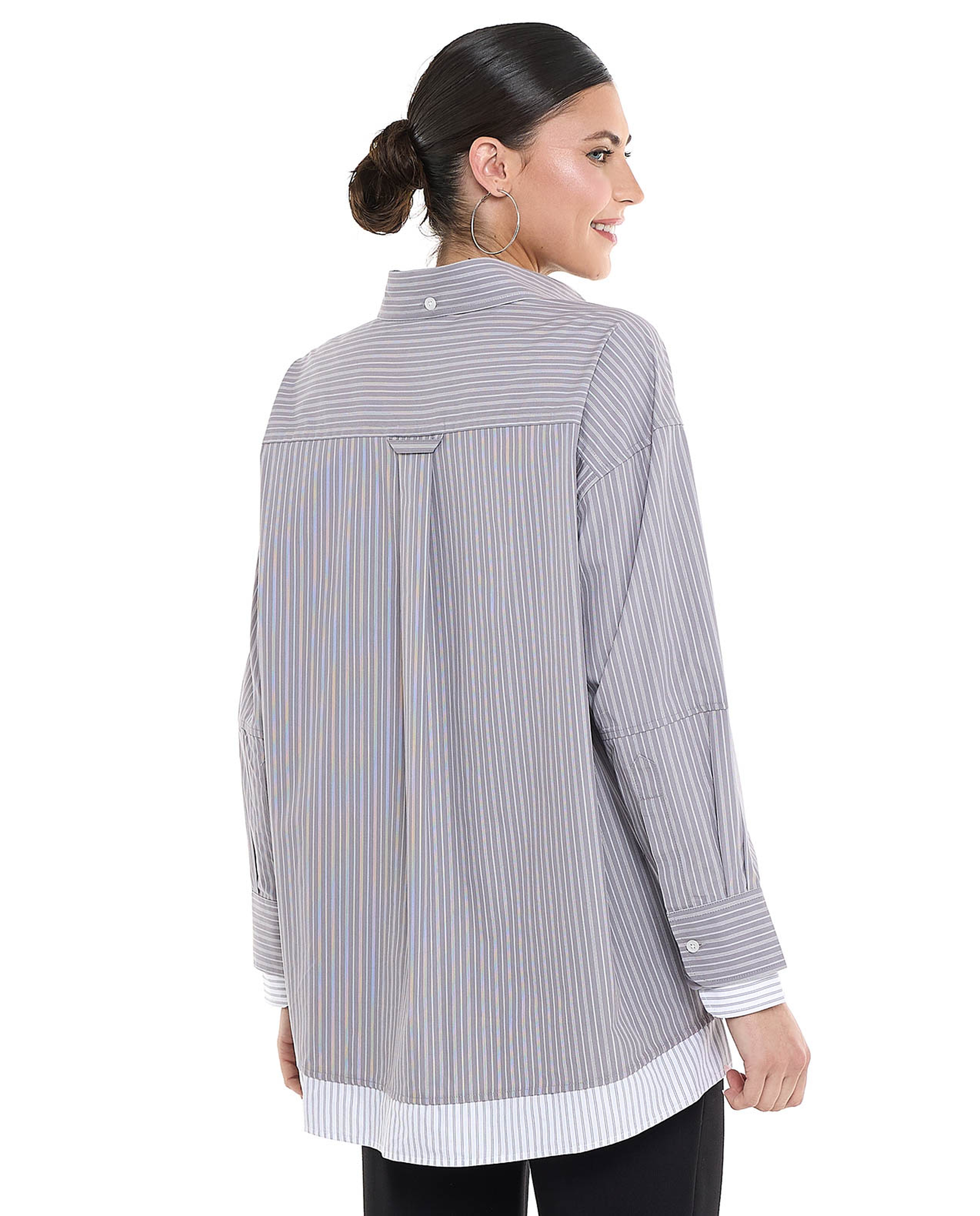 Striped Tunic with Classic Collar and Long Sleeves