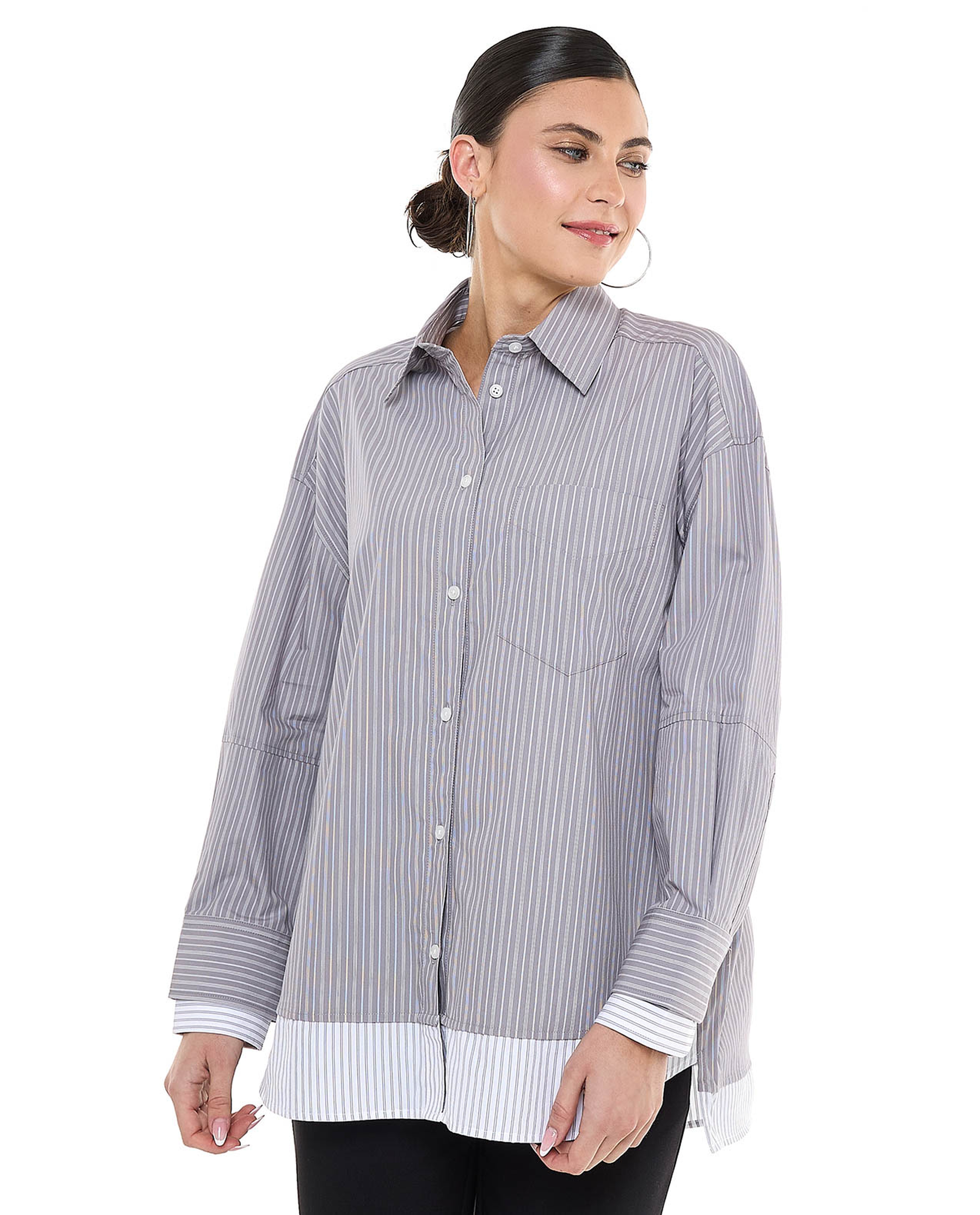 Striped Tunic with Classic Collar and Long Sleeves