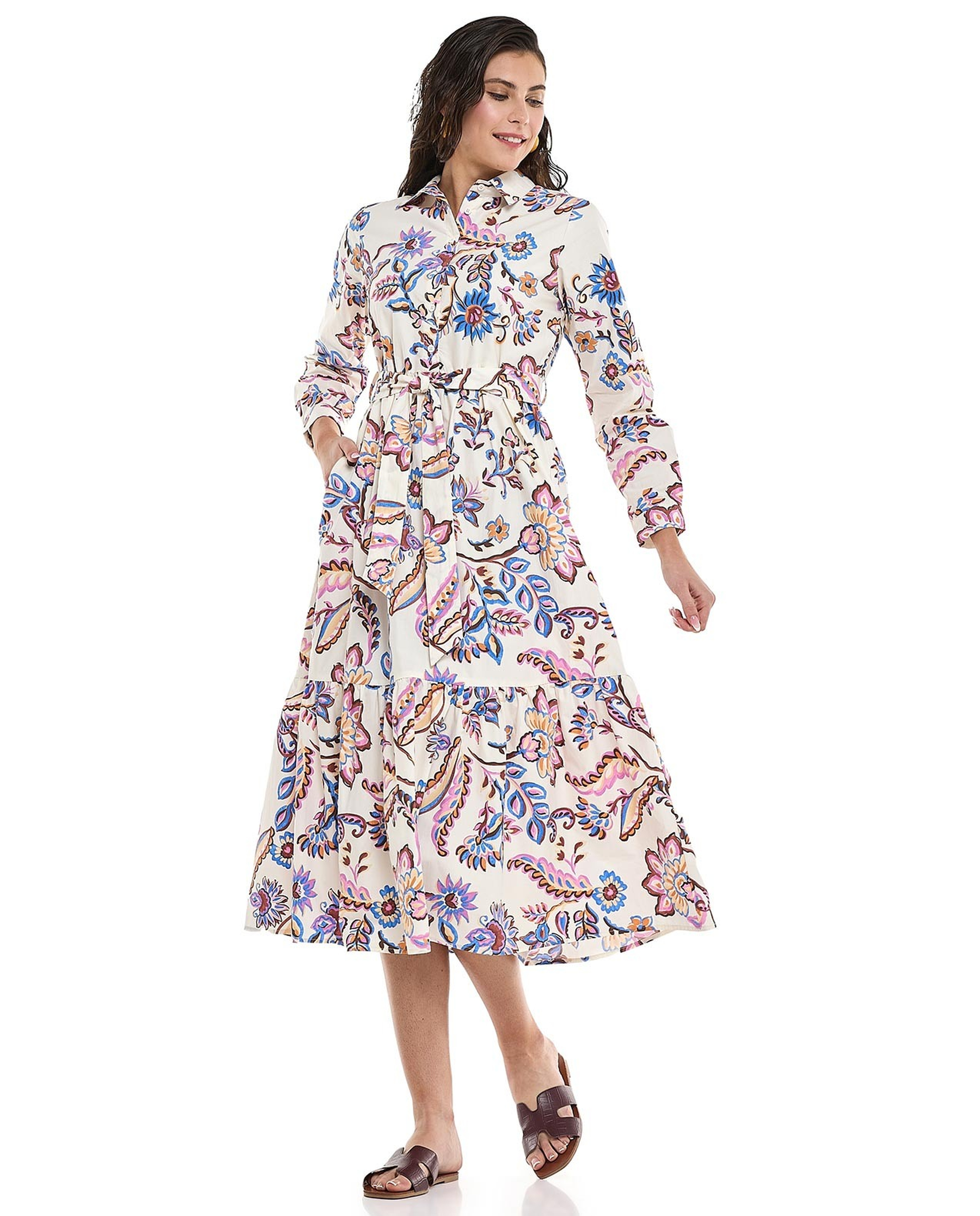 Printed Shirt Dress with Classic Collar and Short Sleeves