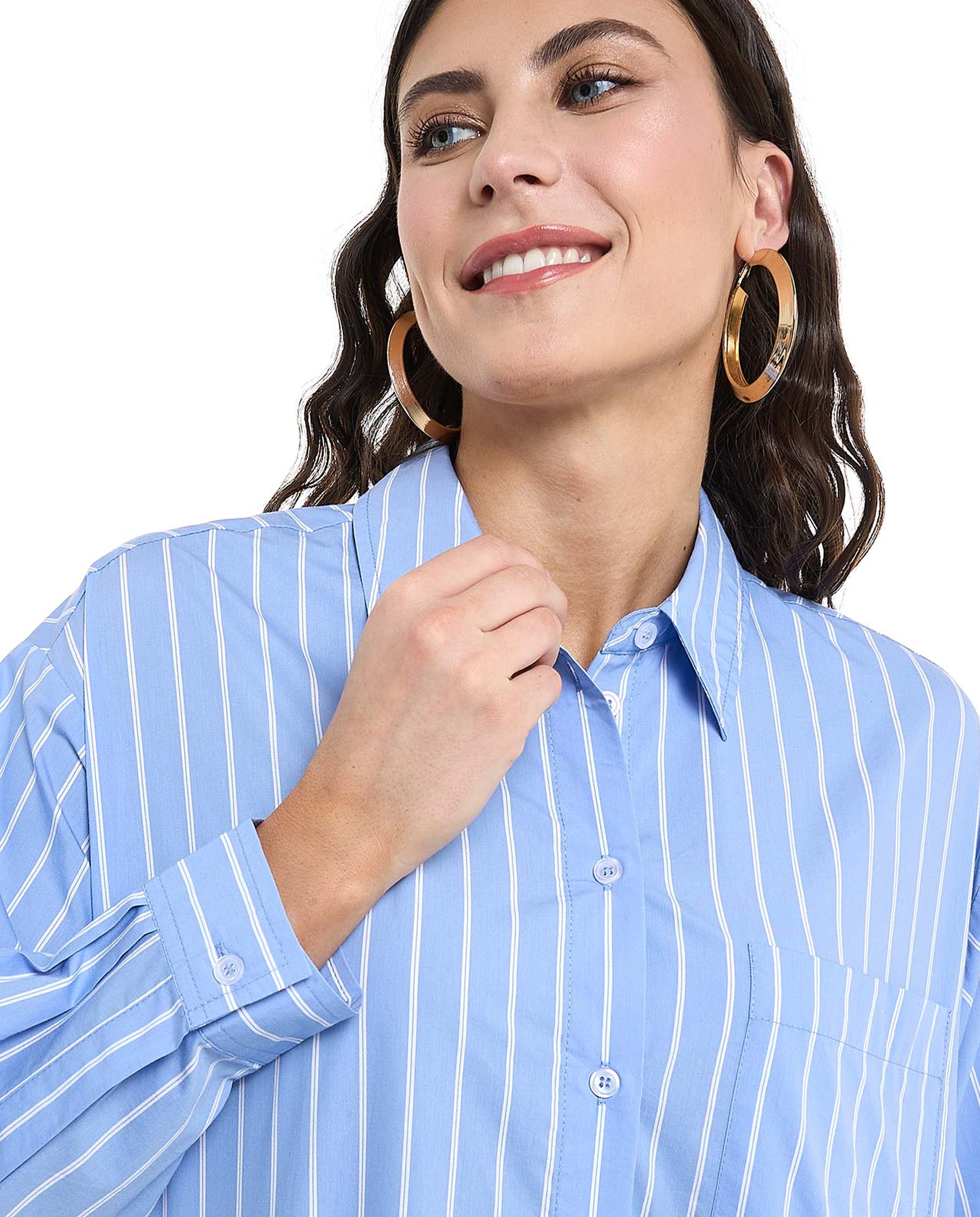 Striped Tunic with Classic Collar and Long Sleeves