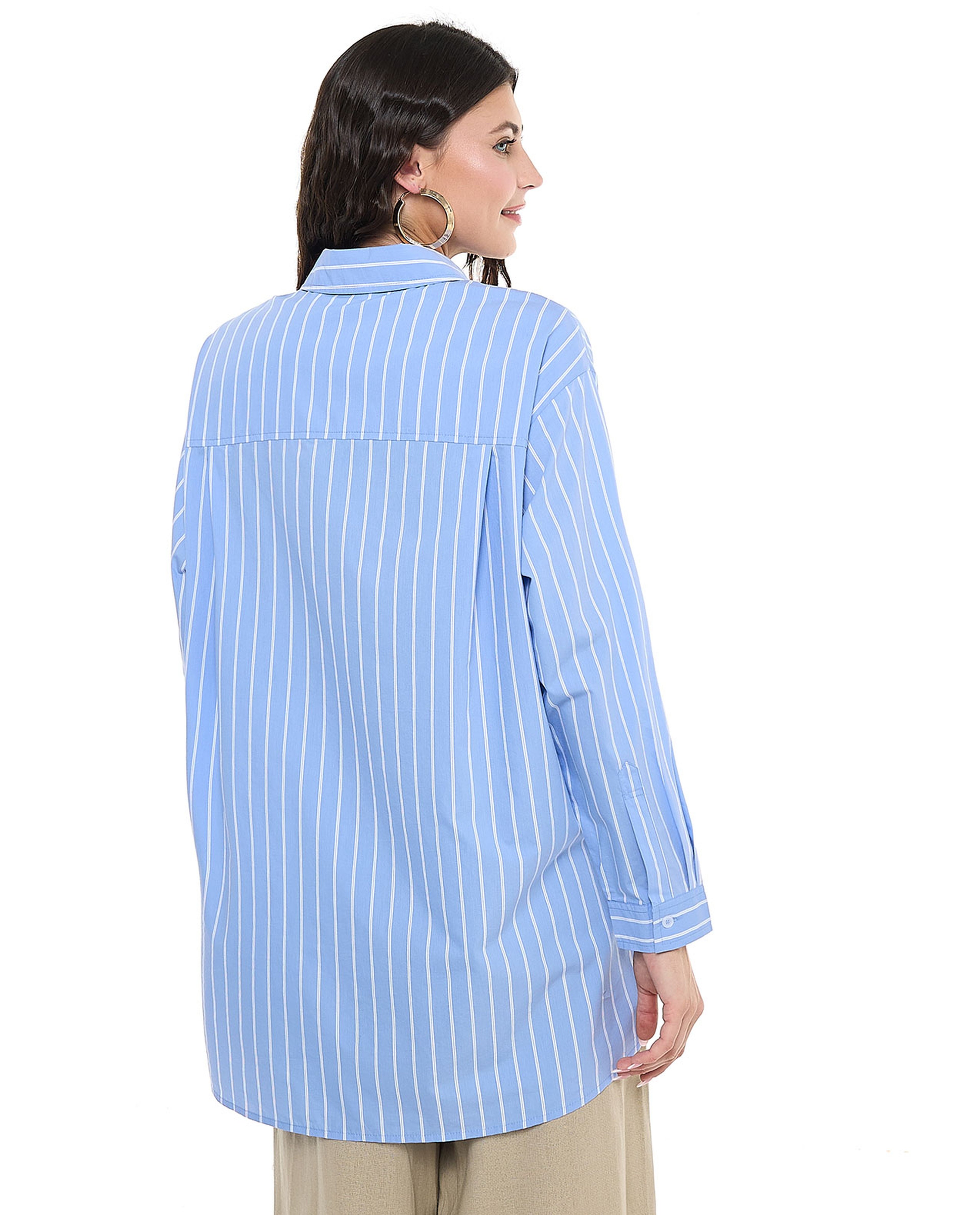 Striped Tunic with Classic Collar and Long Sleeves