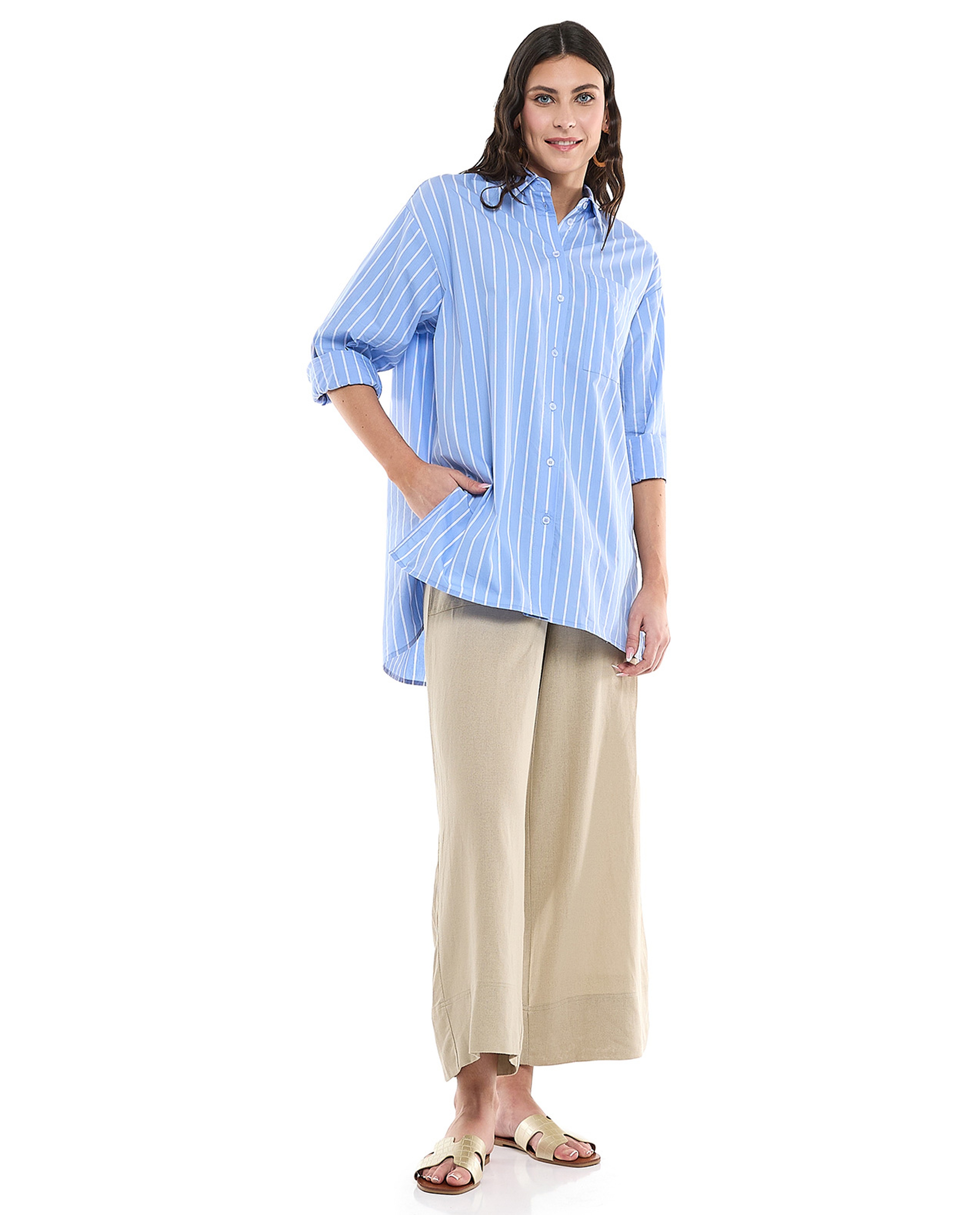 Striped Tunic with Classic Collar and Long Sleeves