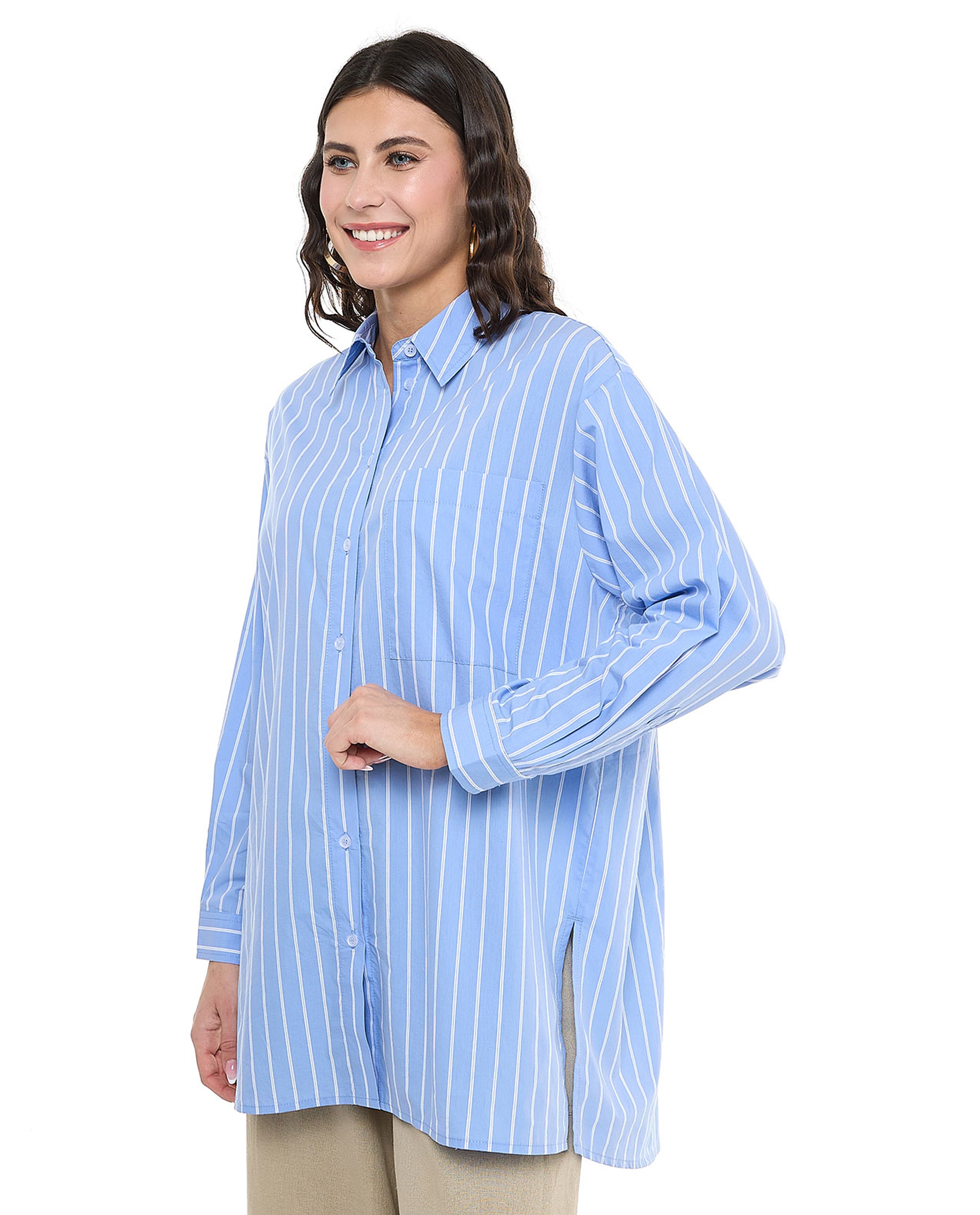 Striped Tunic with Classic Collar and Long Sleeves