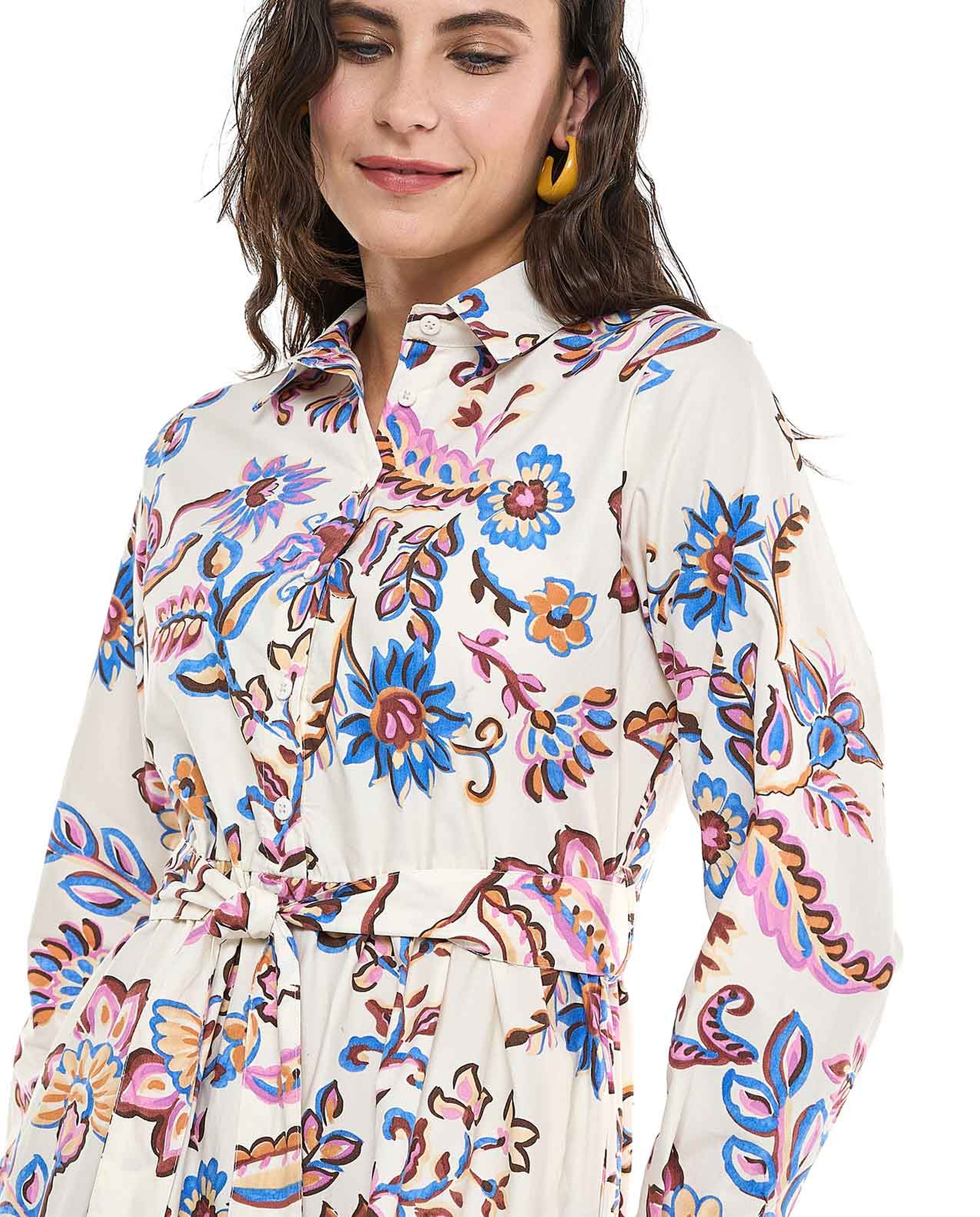 Printed Shirt Dress with Classic Collar and Short Sleeves