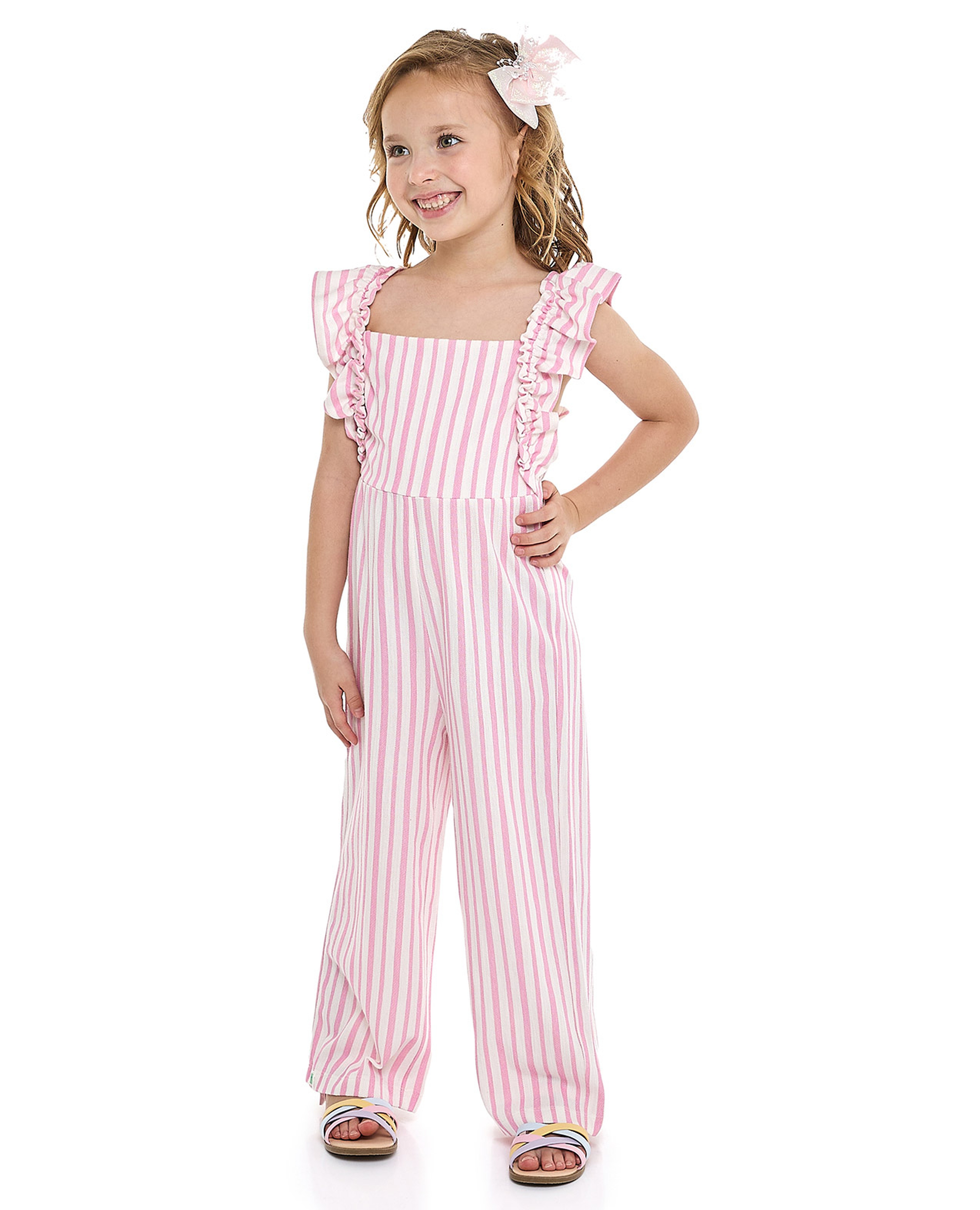 Striped Jumpsuit with Square Neck and Ruffle Sleeves