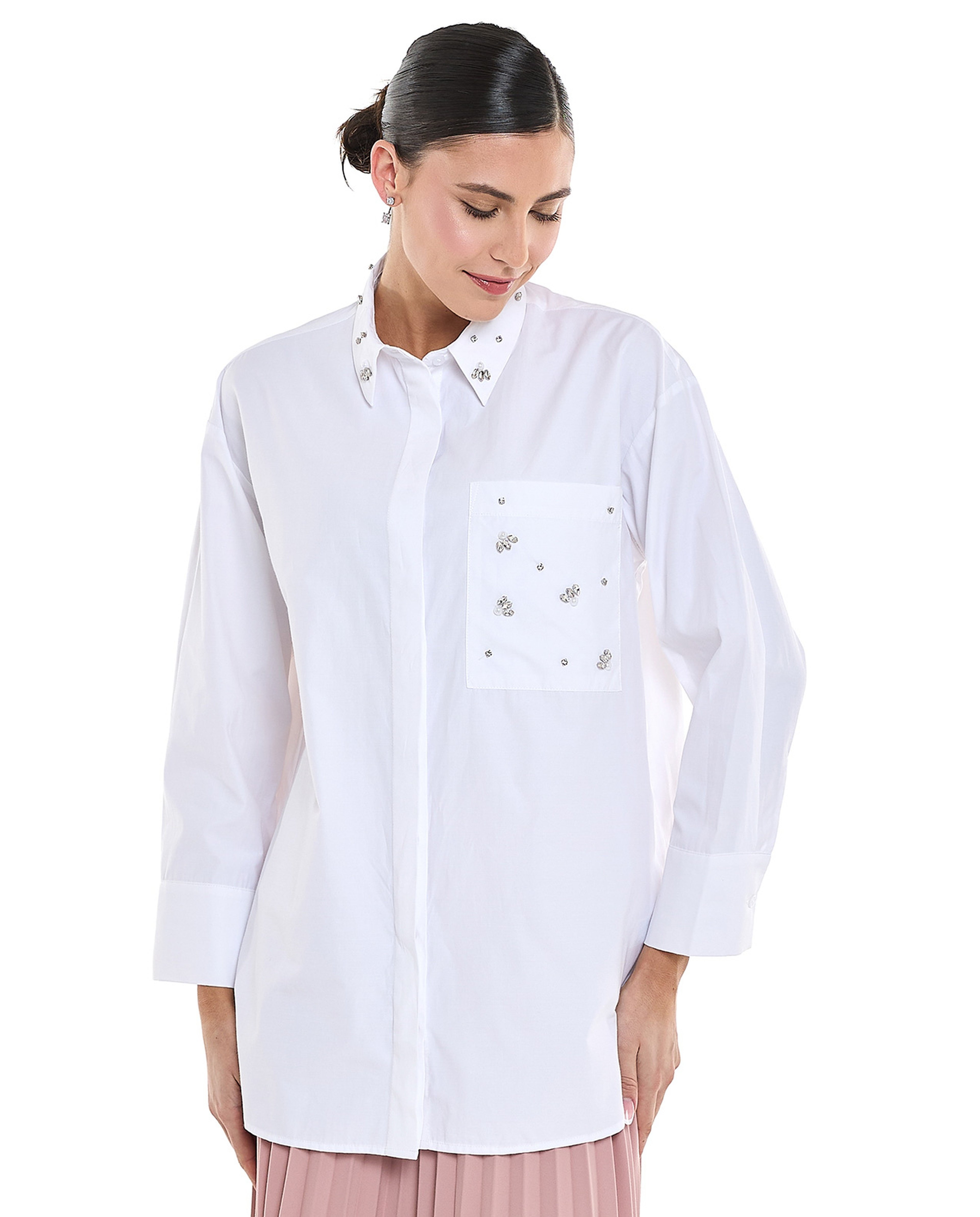 Embellished Tunic with Classic Collar and Long Sleeves