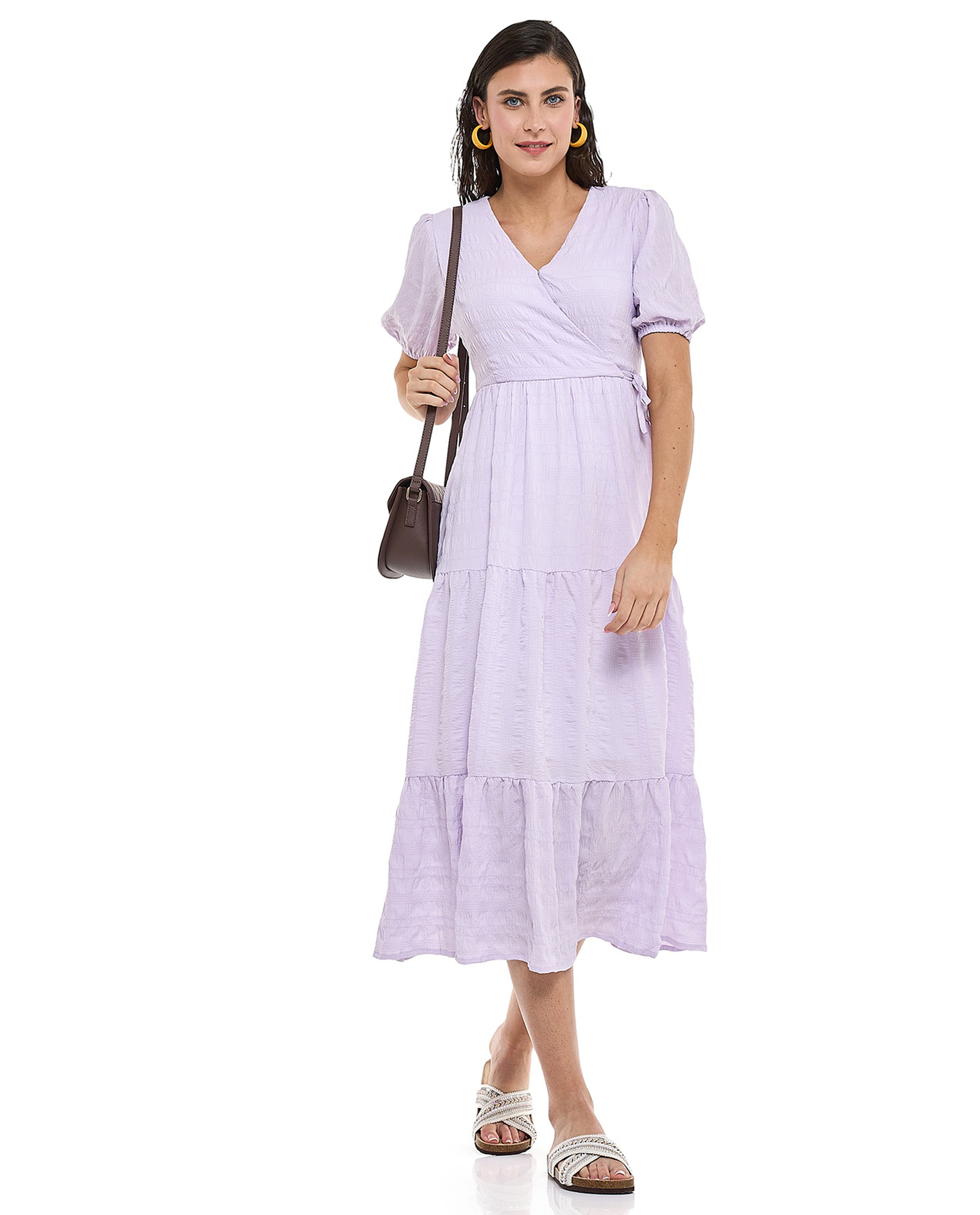 Textured Tiered Dress with V-Neck and Puff Sleeves