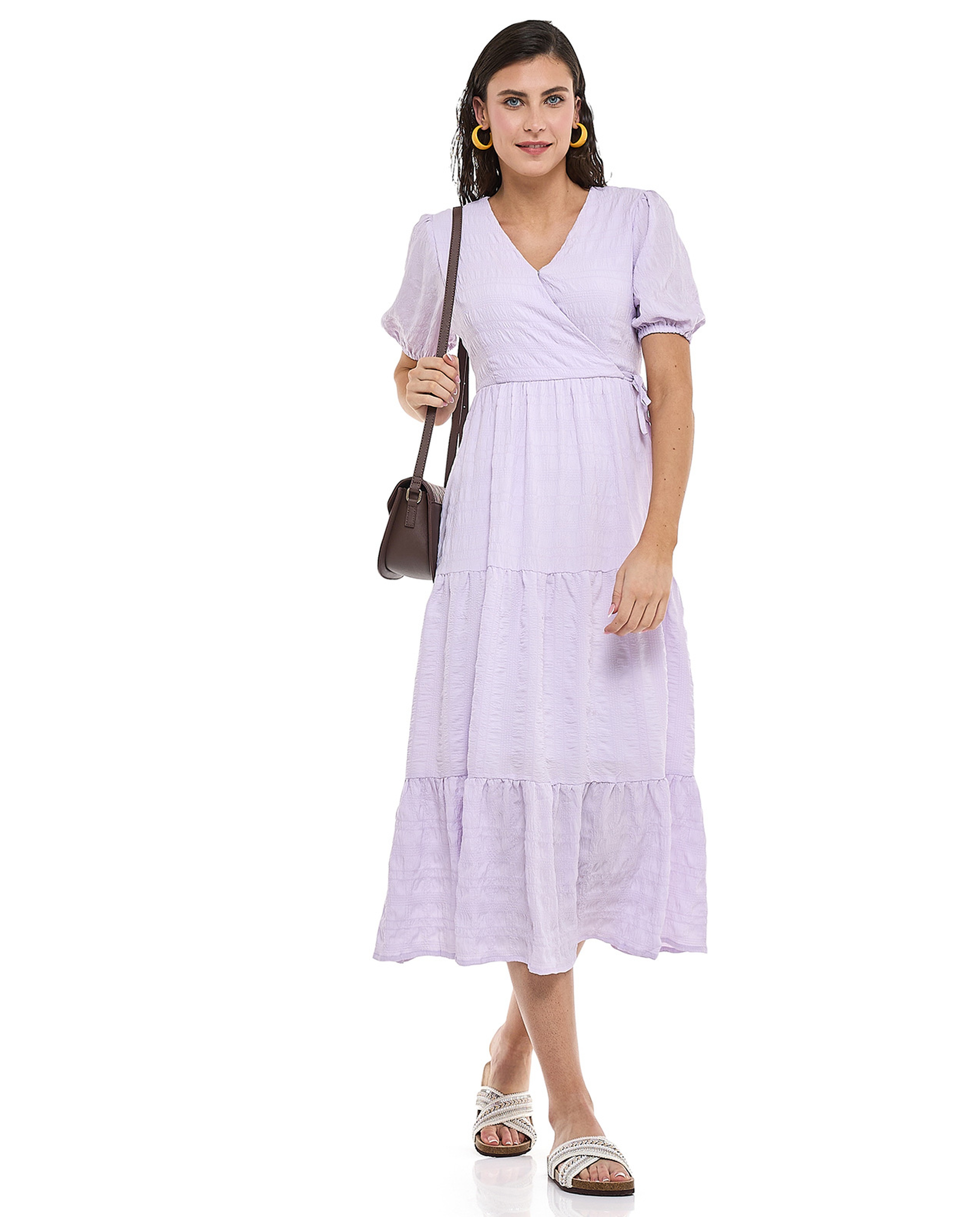 Textured Tiered Dress with V-Neck and Puff Sleeves